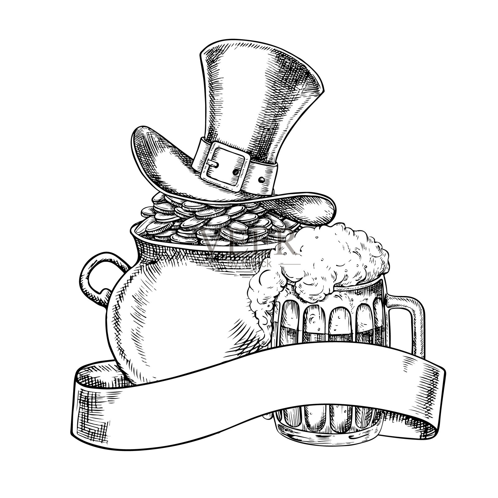 一个装满硬币的铸铁锅，上面盖着一个小精灵的帽子，还有一个啤酒杯和带有铭文的标签。黑白矢量图形插图。适合圣帕特里克节使用，适用于贺卡和横幅。插画图片素材