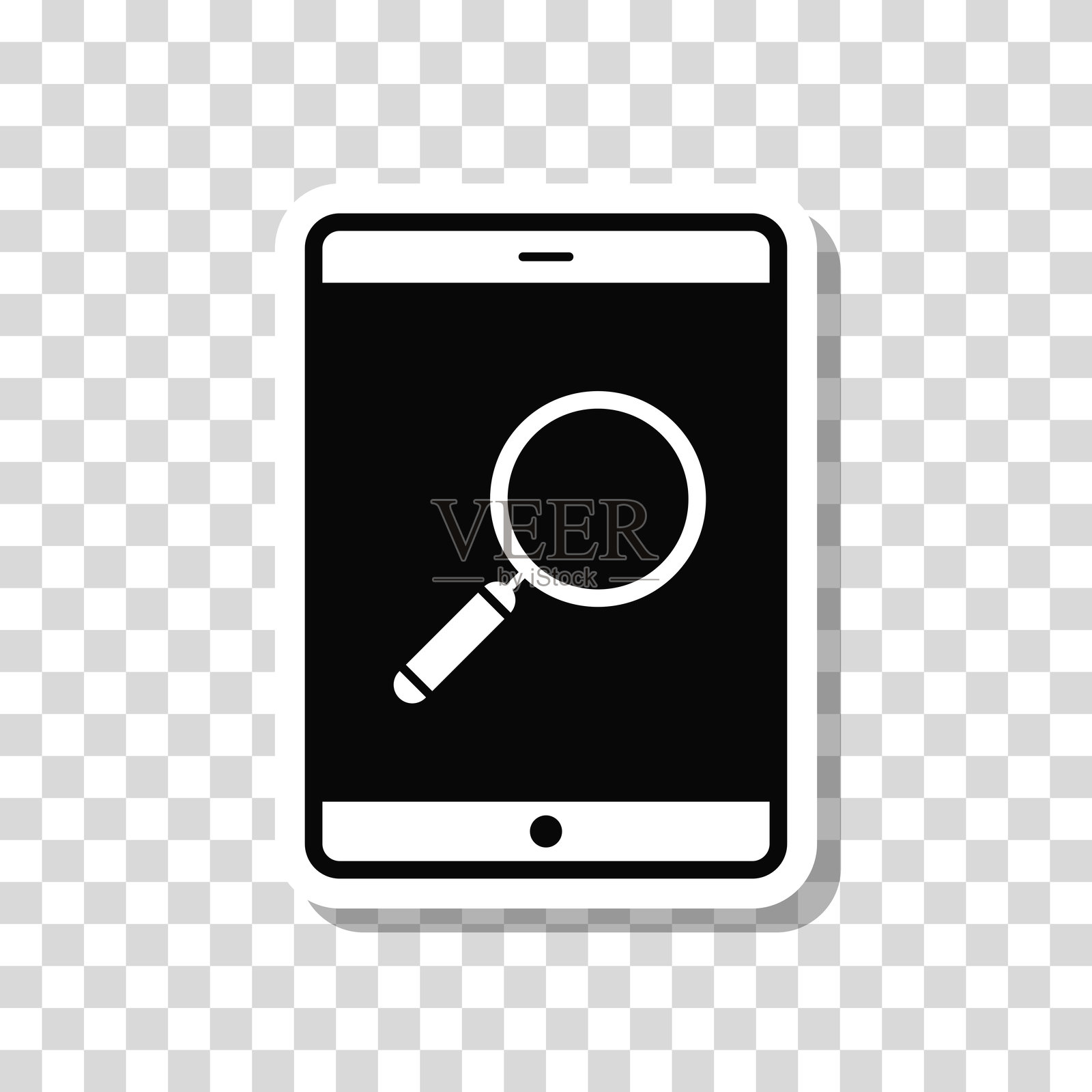 平板电脑上的放大镜。空白背景上的图标贴纸插画图片素材