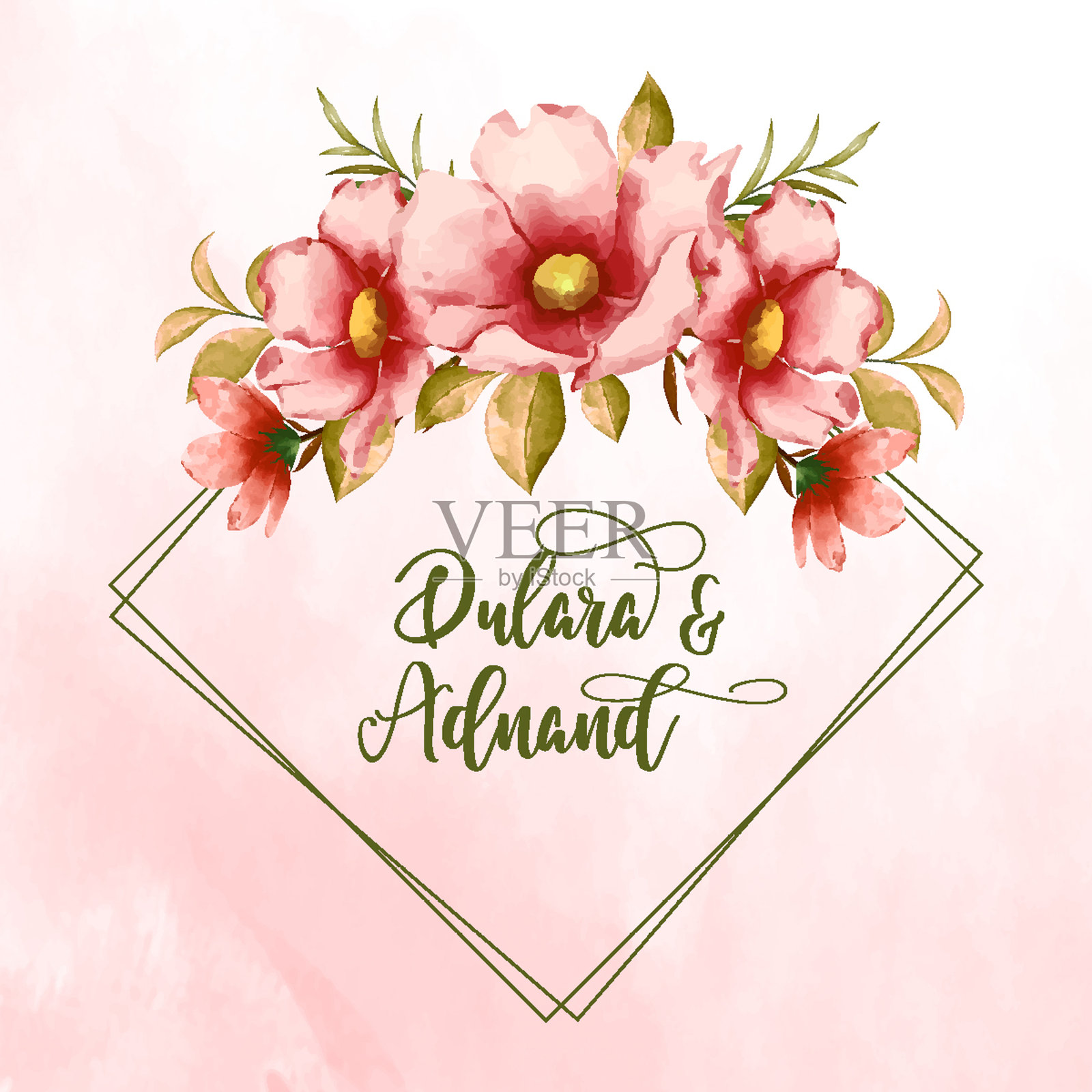 浪漫水彩花卉边框，优雅的粉色花朵设计，婚礼邀请函插画图片素材