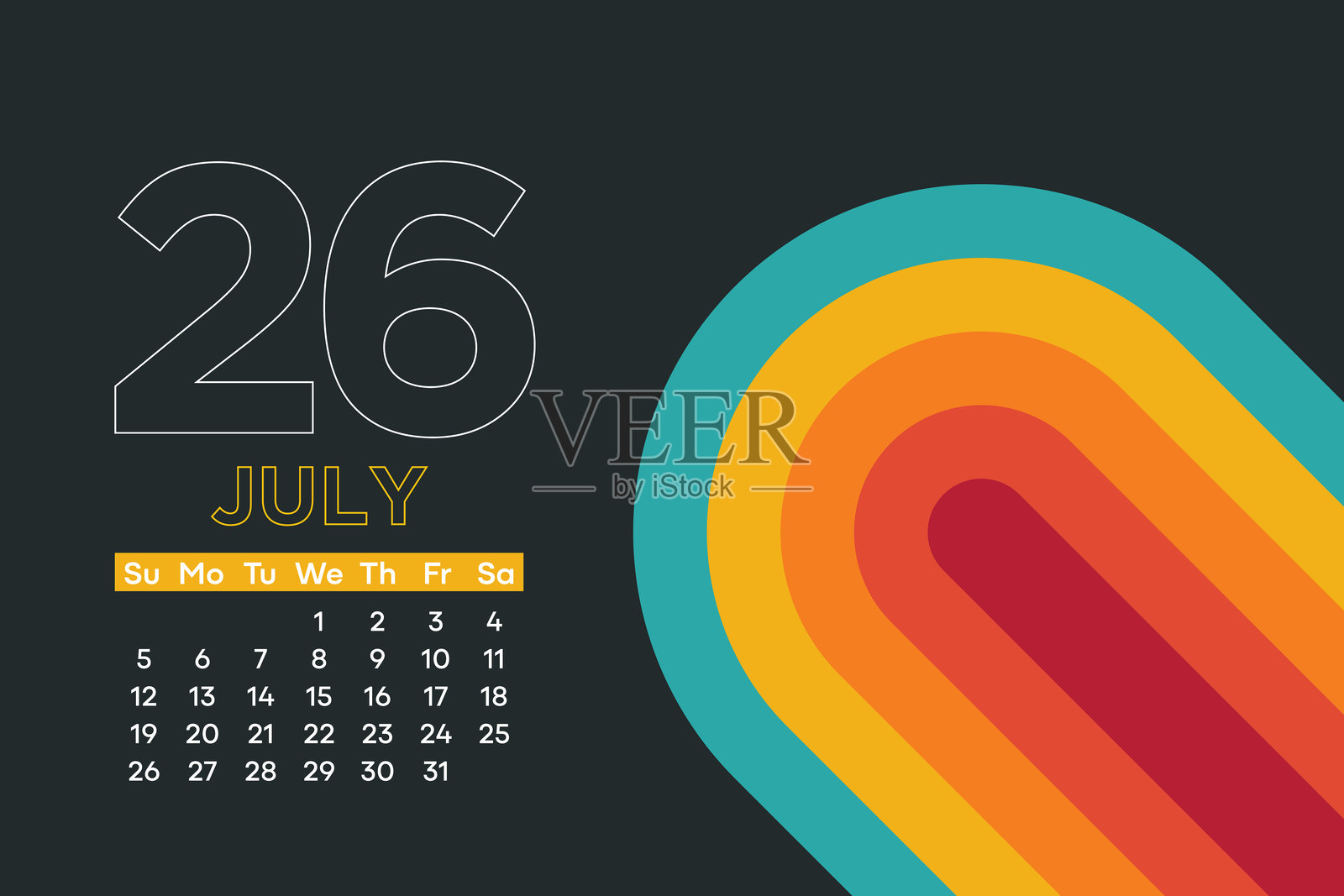 2026年7月日历。2026年。日历。2026年计划表，2026年挂历，周日开始的一周。矢量插图。插画图片素材