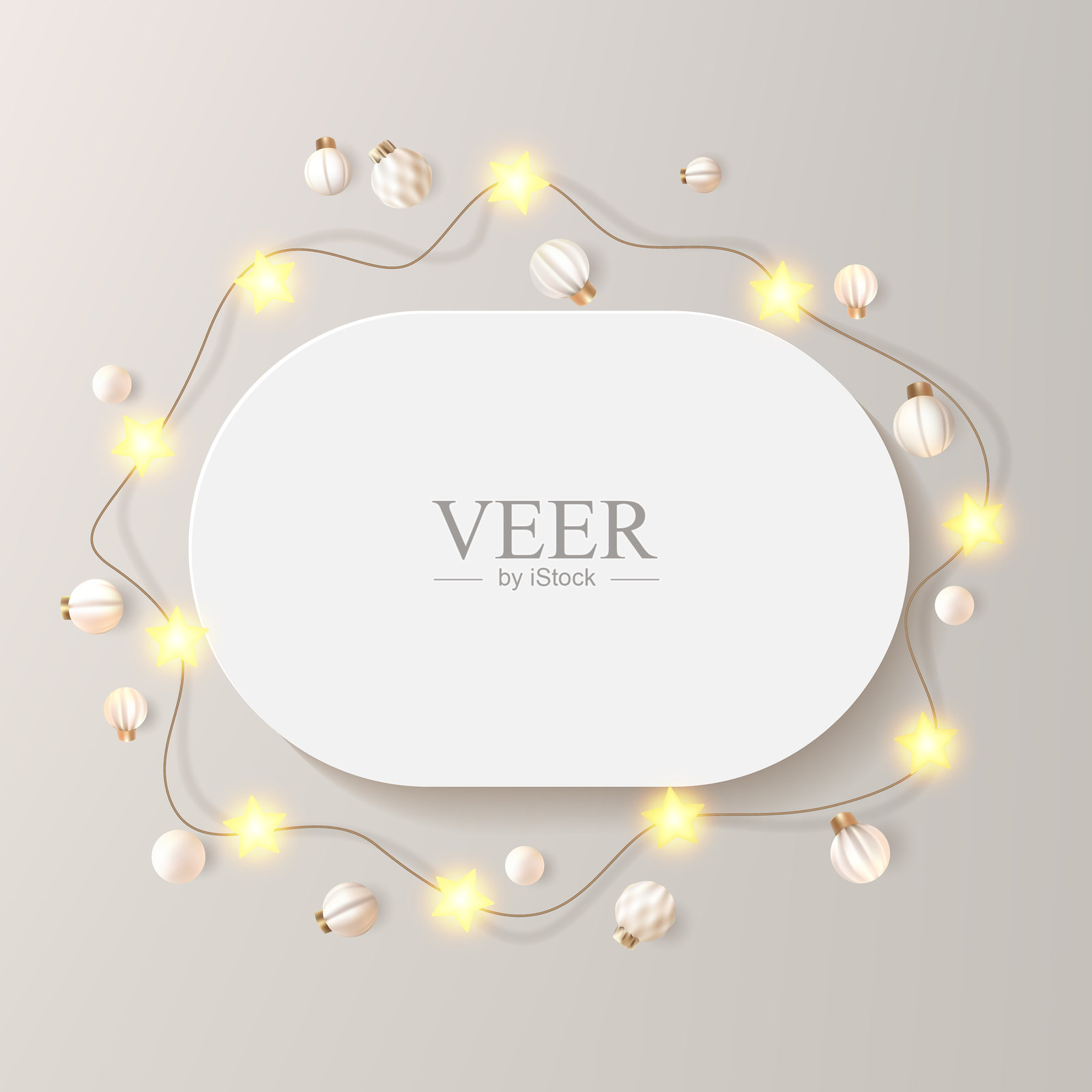装饰有灯泡花环和华丽球体的横向椭圆形相框。白色矢量3D圆形板，空白纸质贺卡配有节日星星花环。奢华产品展示台俯视图。插画图片素材