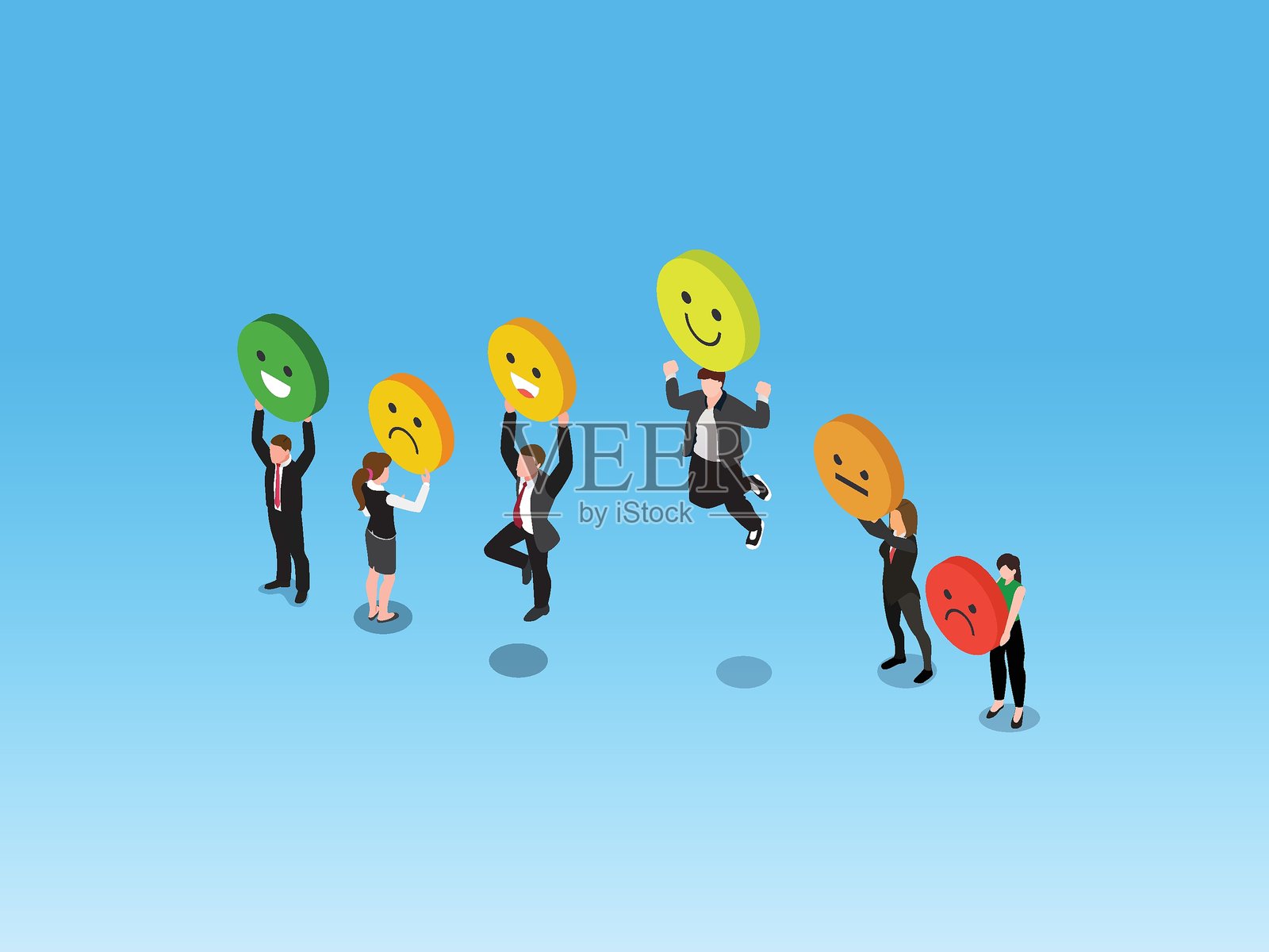 展示不同情感面孔的人们，表达满意、失望和快乐，客户反馈。3D矢量插图插画图片素材