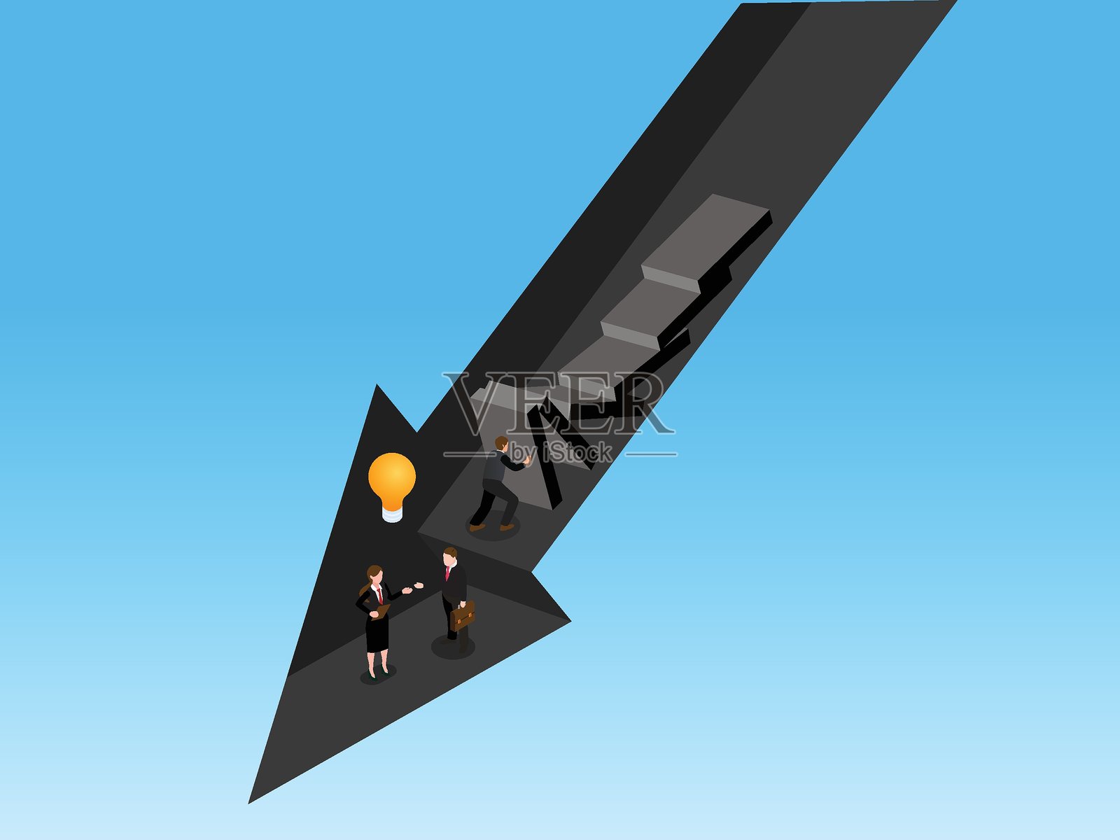 商人试图修复一根断裂的向下箭头，金融危机，商业失败与衰退。3D矢量插图插画图片素材