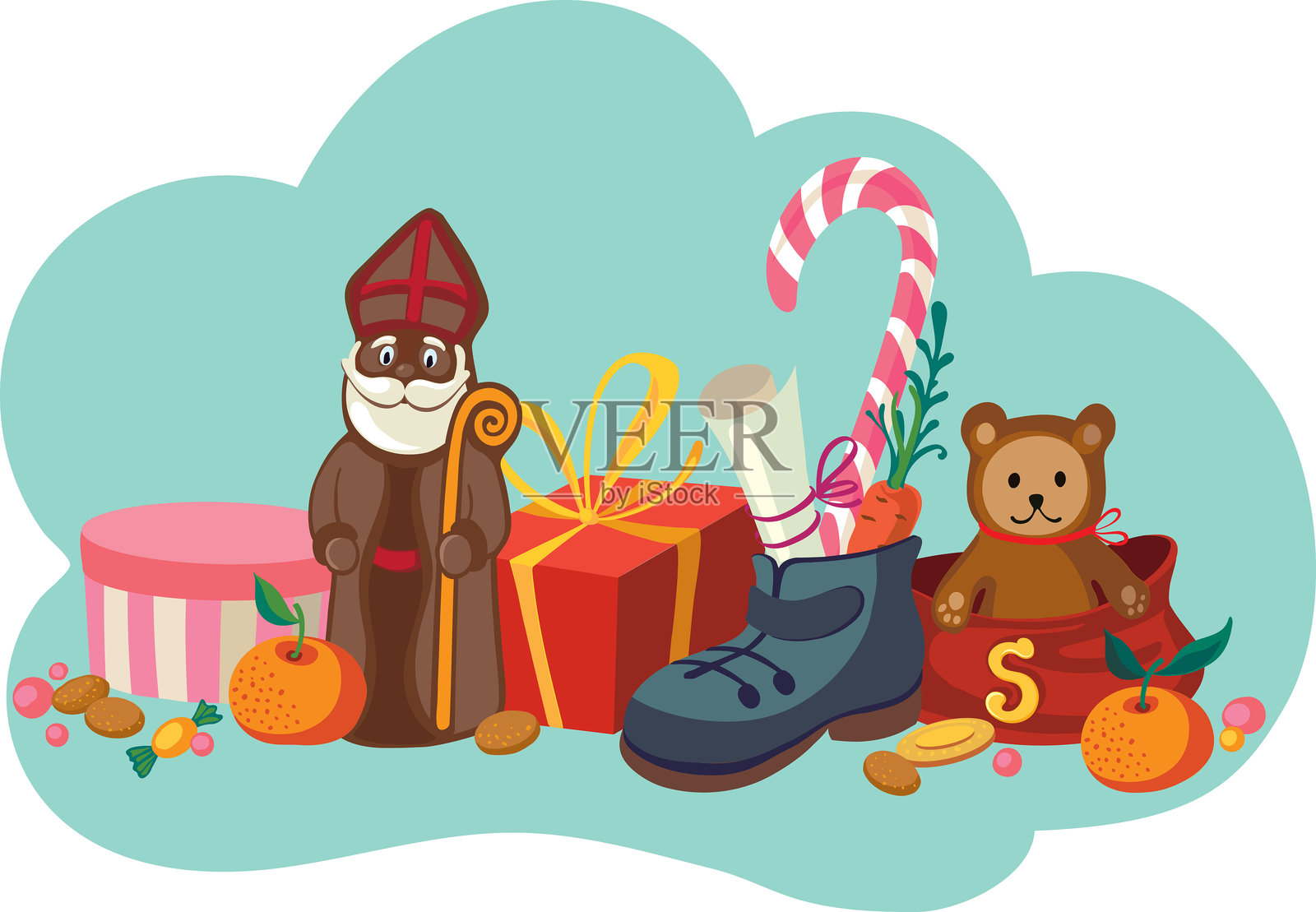 圣尼古拉斯巧克力雕像和礼物插画图片素材