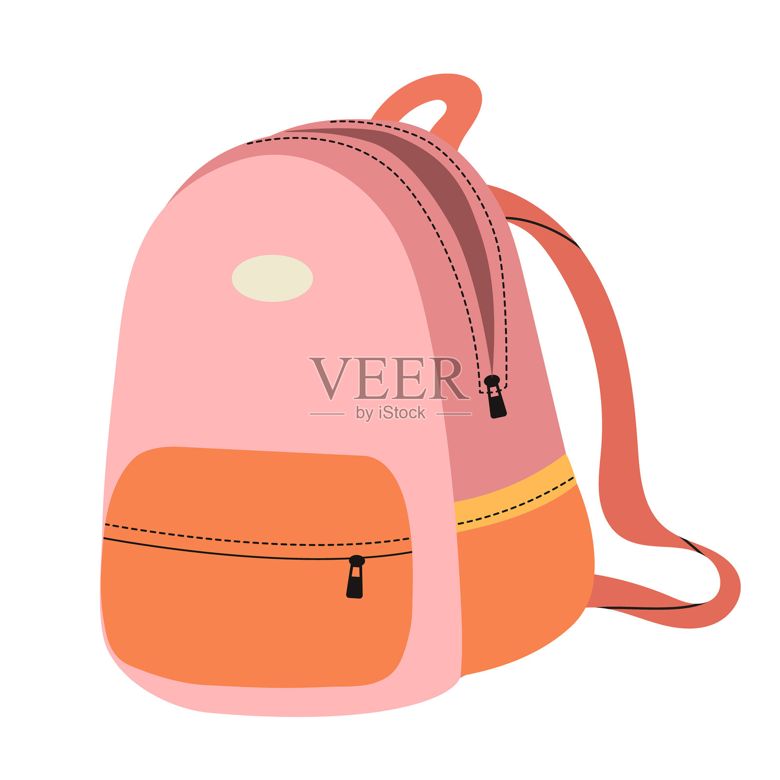 孤立的书包单一元素。时尚的平面手绘风格设计。打开的粉色女性背包，带有背带。插画图片素材
