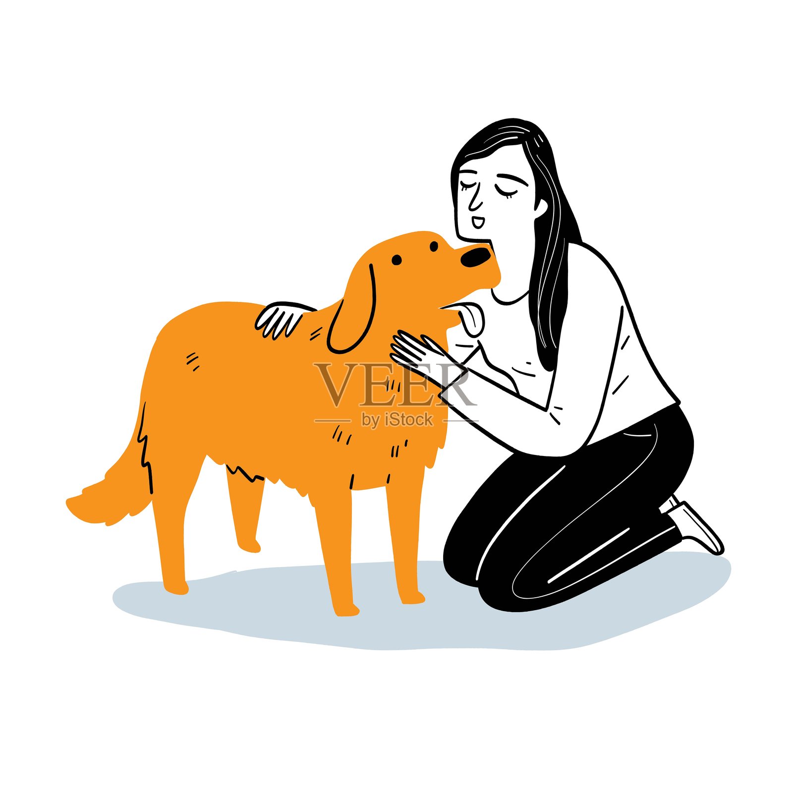 温柔时刻，一位关心的女性抚摸着她忠诚的金毛猎犬插画图片素材