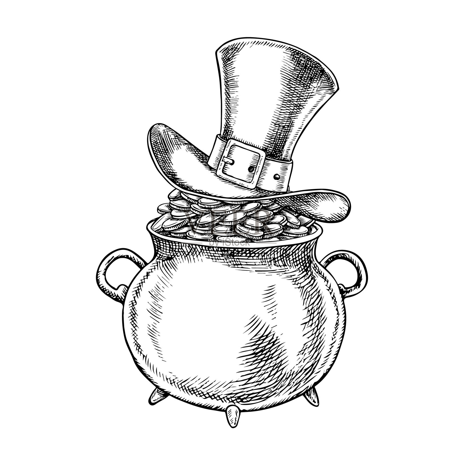 一个铸铁锅里放着硬币，上面盖着一个小精灵的帽子，以庆祝圣帕特里克节。矢量黑白图形插图。适用于贺卡、横幅和传单、邀请函、节日装饰。插画图片素材
