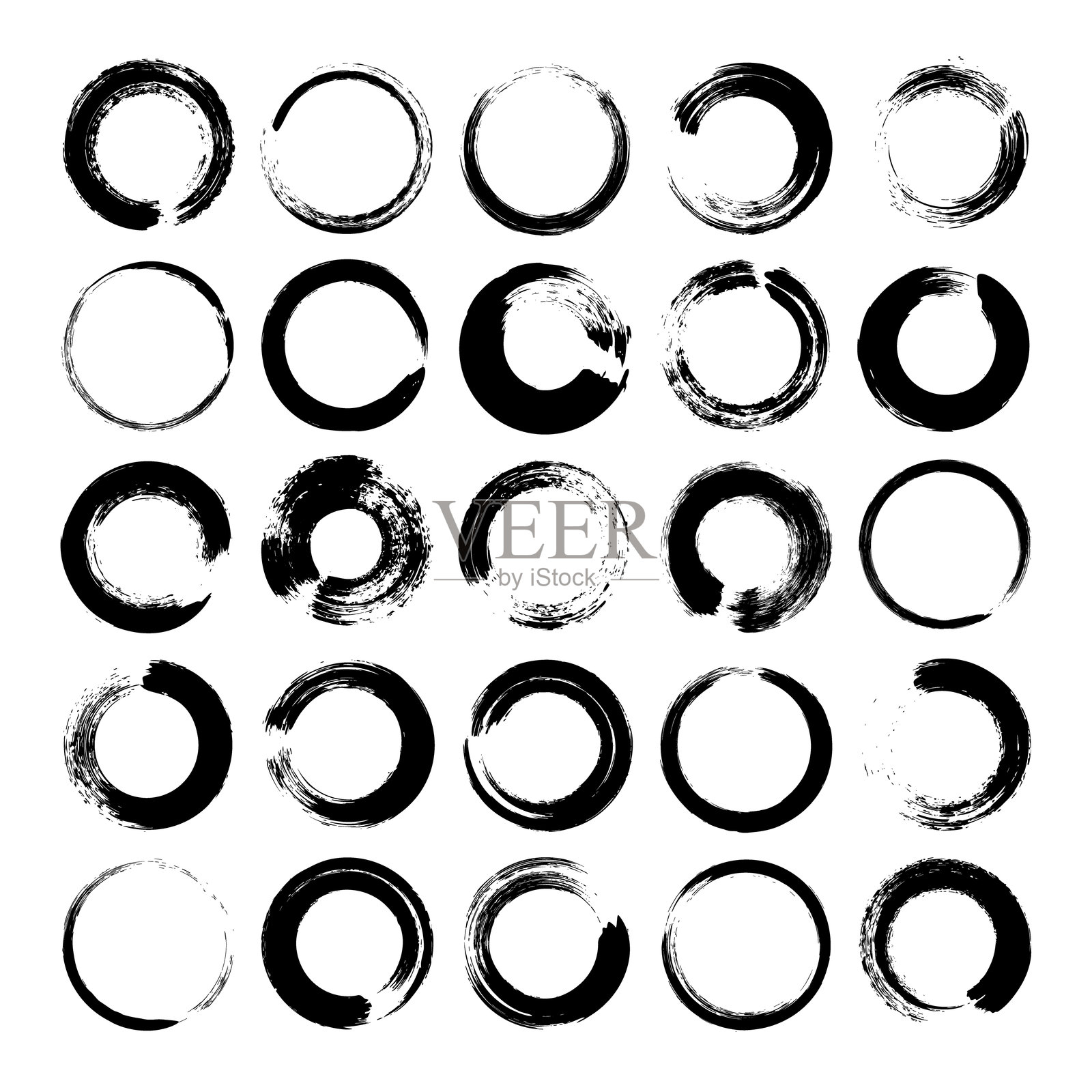 磨砂圆圈、刷子笔触、线条、墨水污迹、手绘涂鸦形状。手工草图标记、丙烯污点、炭笔划痕。绘画纹理、干刷效果。矢量插图插画图片素材