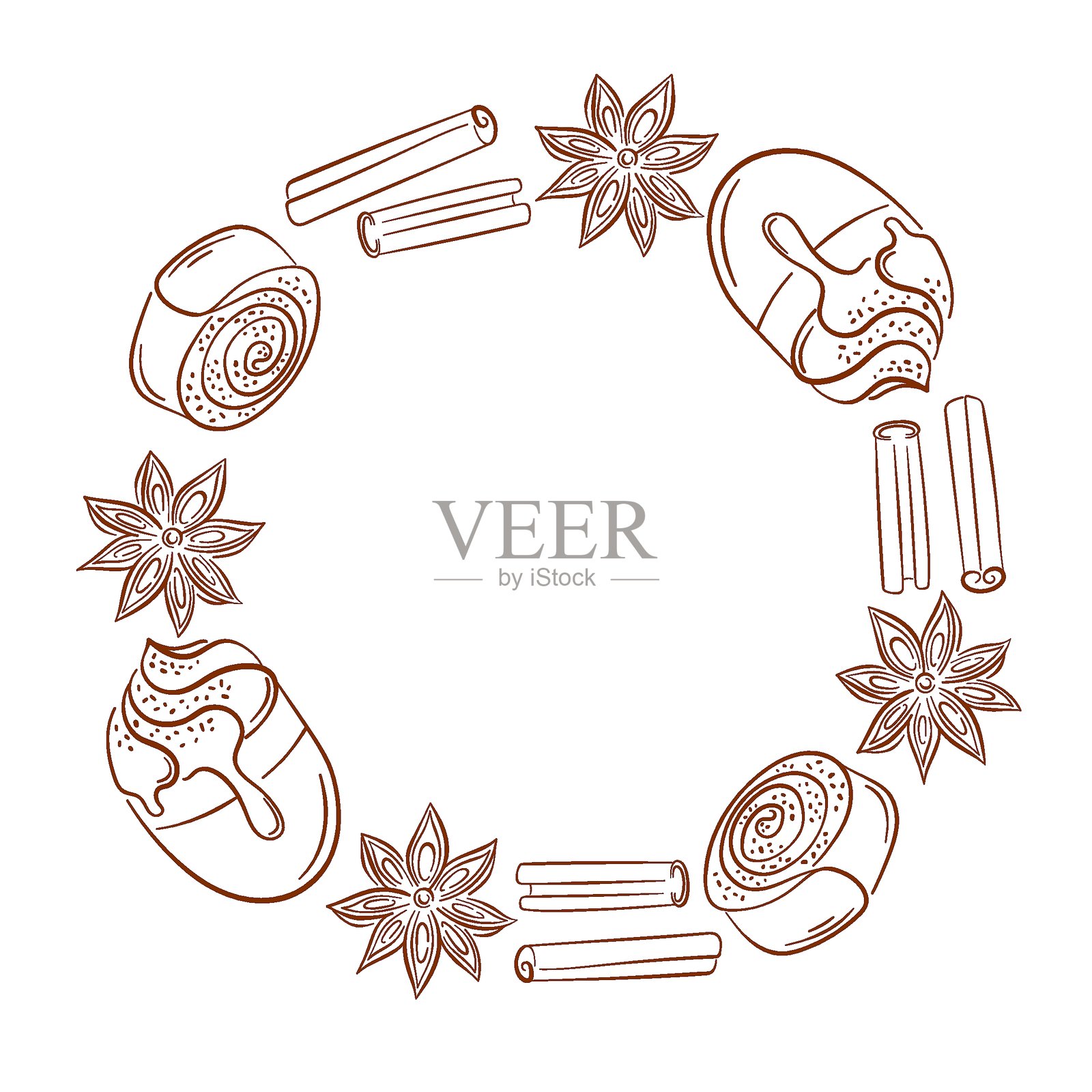 圆形花环框架，手绘肉桂卷、肉桂棒、咖啡和八角茴香香料，线条艺术风格，白色背景，中心空白。插画图片素材