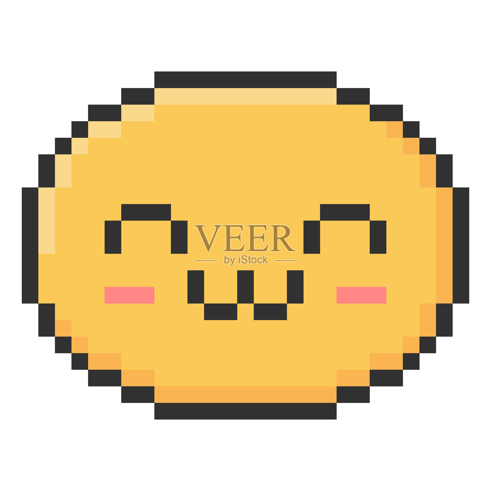 快乐的可爱表情符号矢量像素艺术，黄色和黑色轮廓的8位微笑脸，萌趣搞笑的积极复古头像插画图片素材