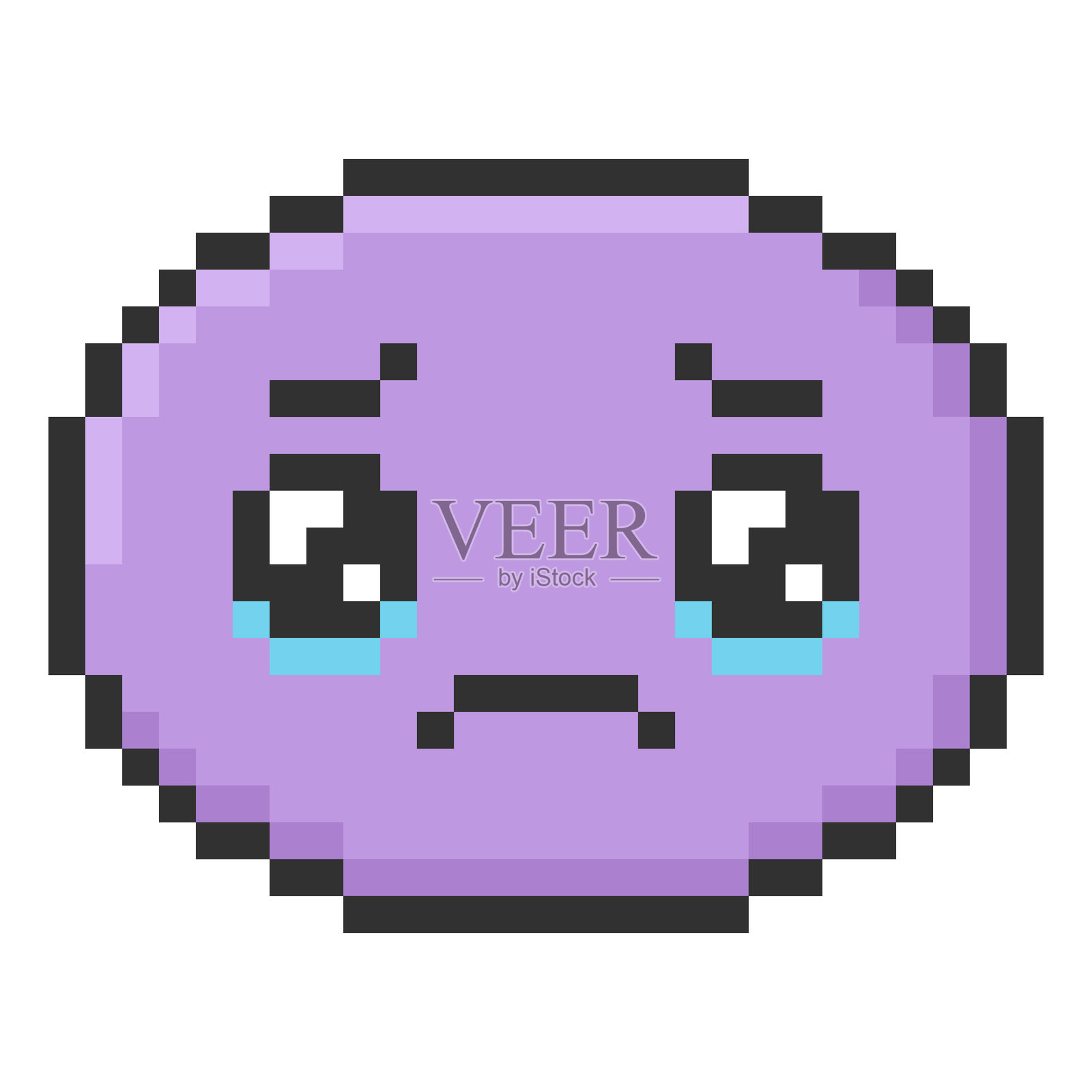 圆形像素笑脸，紫色，带有悲伤的眼睛、泪水和嘴巴，萌萌的角色。插画图片素材