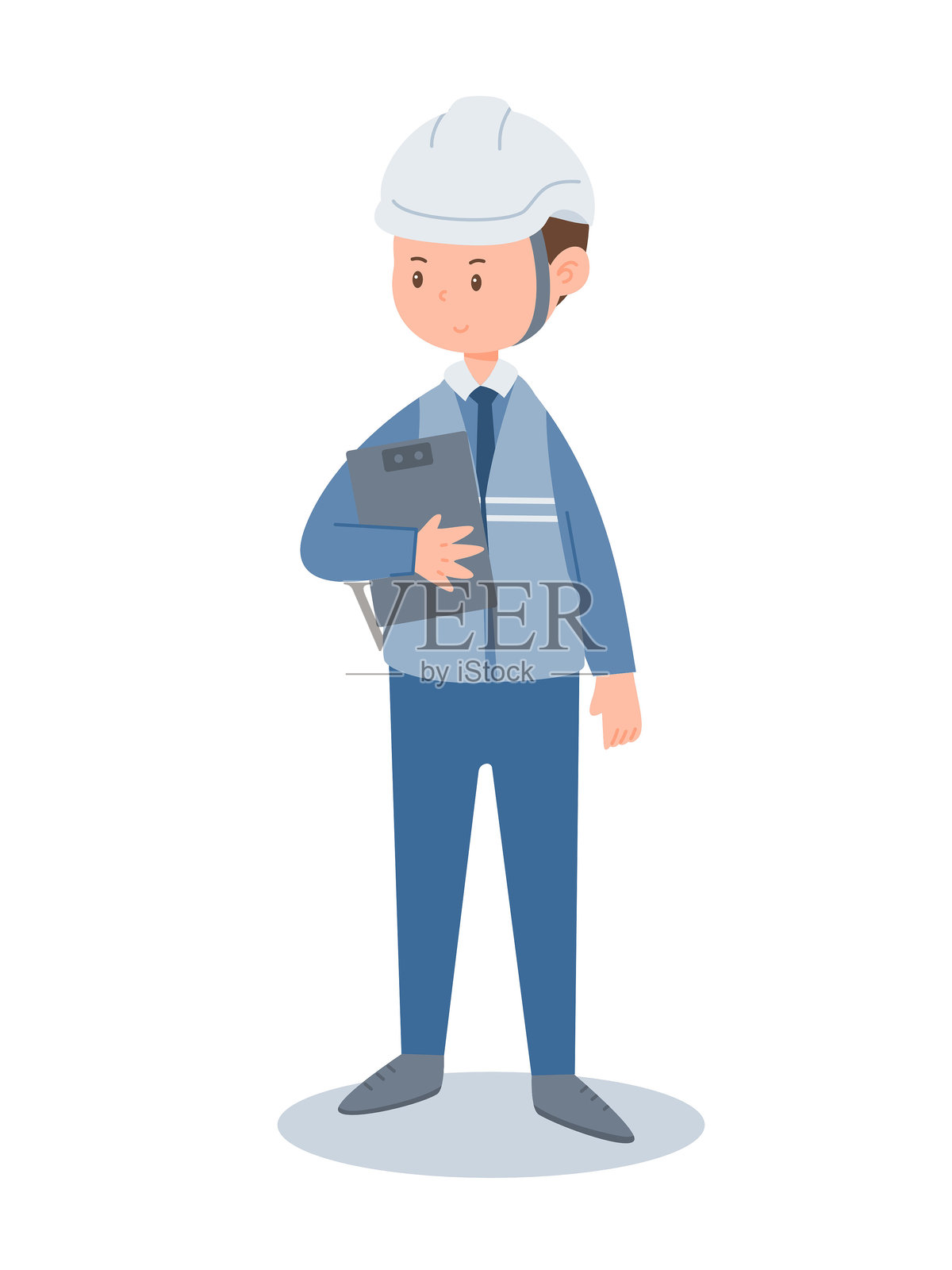戴着安全帽的工业工程师手持夹板进行工作场所规划和文档记录的矢量插图，背景为白色。插画图片素材