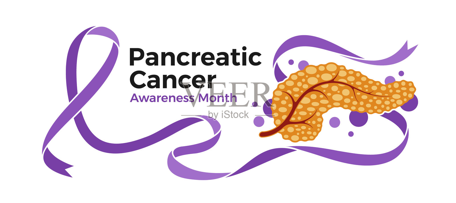 胰腺癌意识月 - 紫色长丝带围绕黄色胰腺符号滚动和飘动的矢量设计插画图片素材