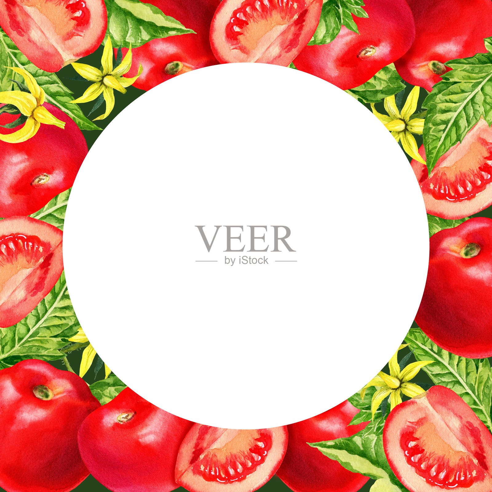 新鲜红色成熟番茄的水彩框架，切片，黄色花朵，绿色叶子，农业主题的手绘插图，红色水果和蔬菜的食物素描，健康生活方式，白色背景插画图片素材