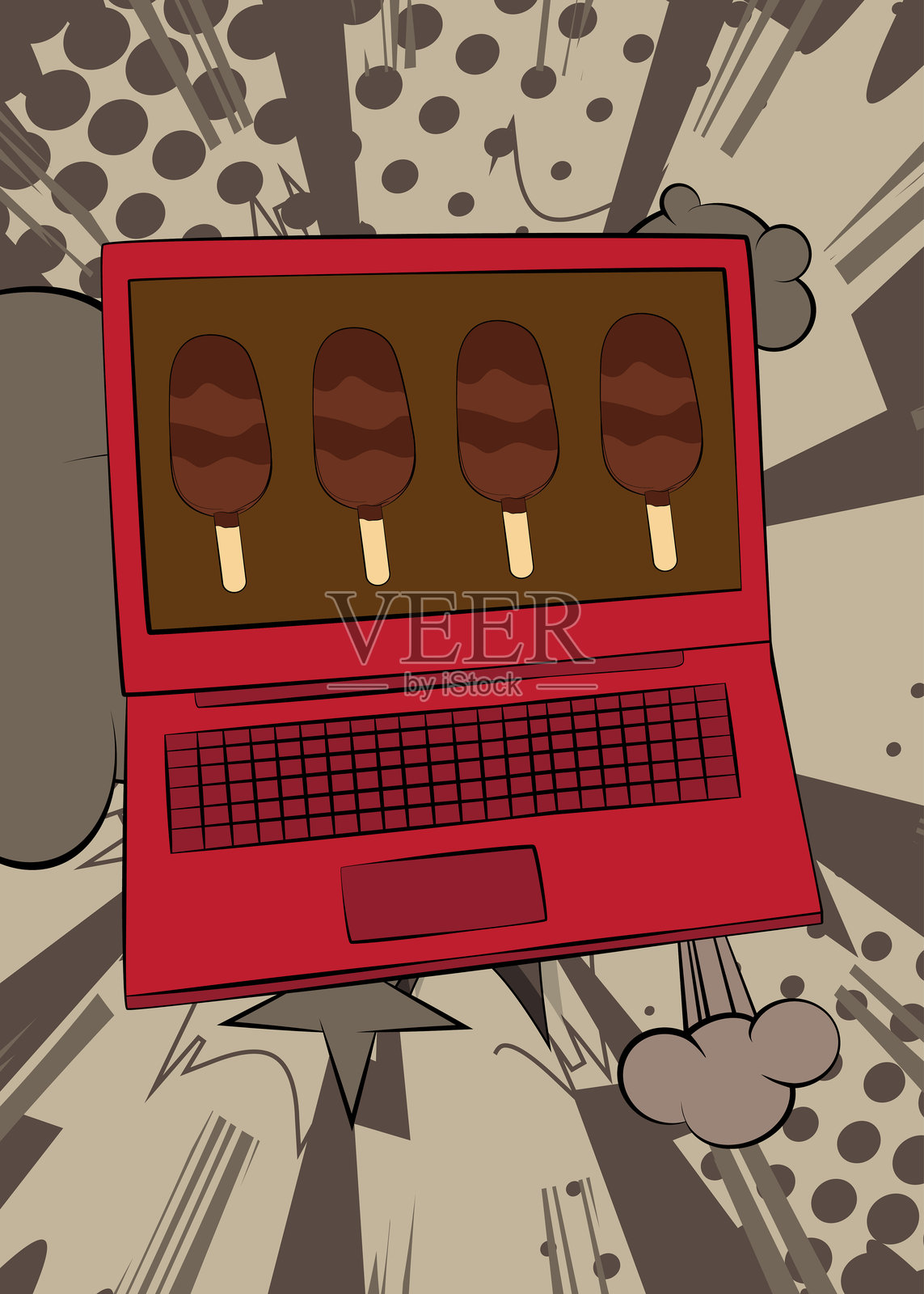 卡通笔记本电脑，冰淇淋主题的漫画书笔记本。复古矢量漫画流行艺术设计。插画图片素材