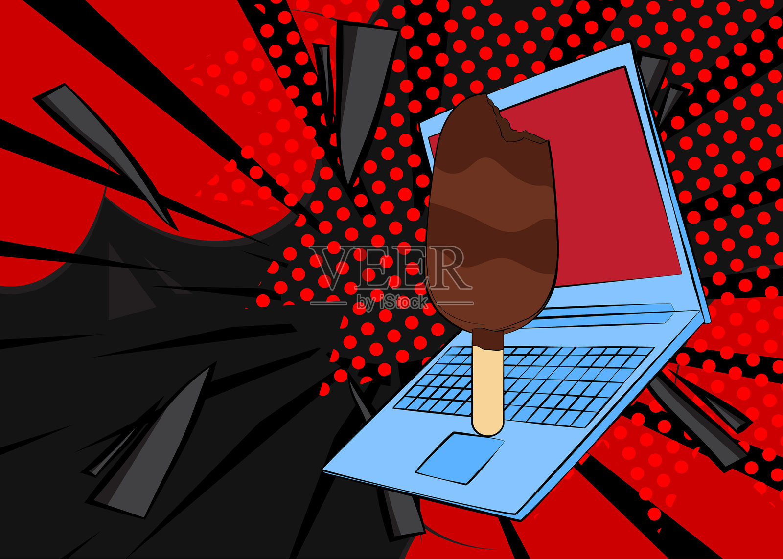 卡通笔记本电脑，冰淇淋主题的漫画书笔记本。复古矢量漫画流行艺术设计。插画图片素材