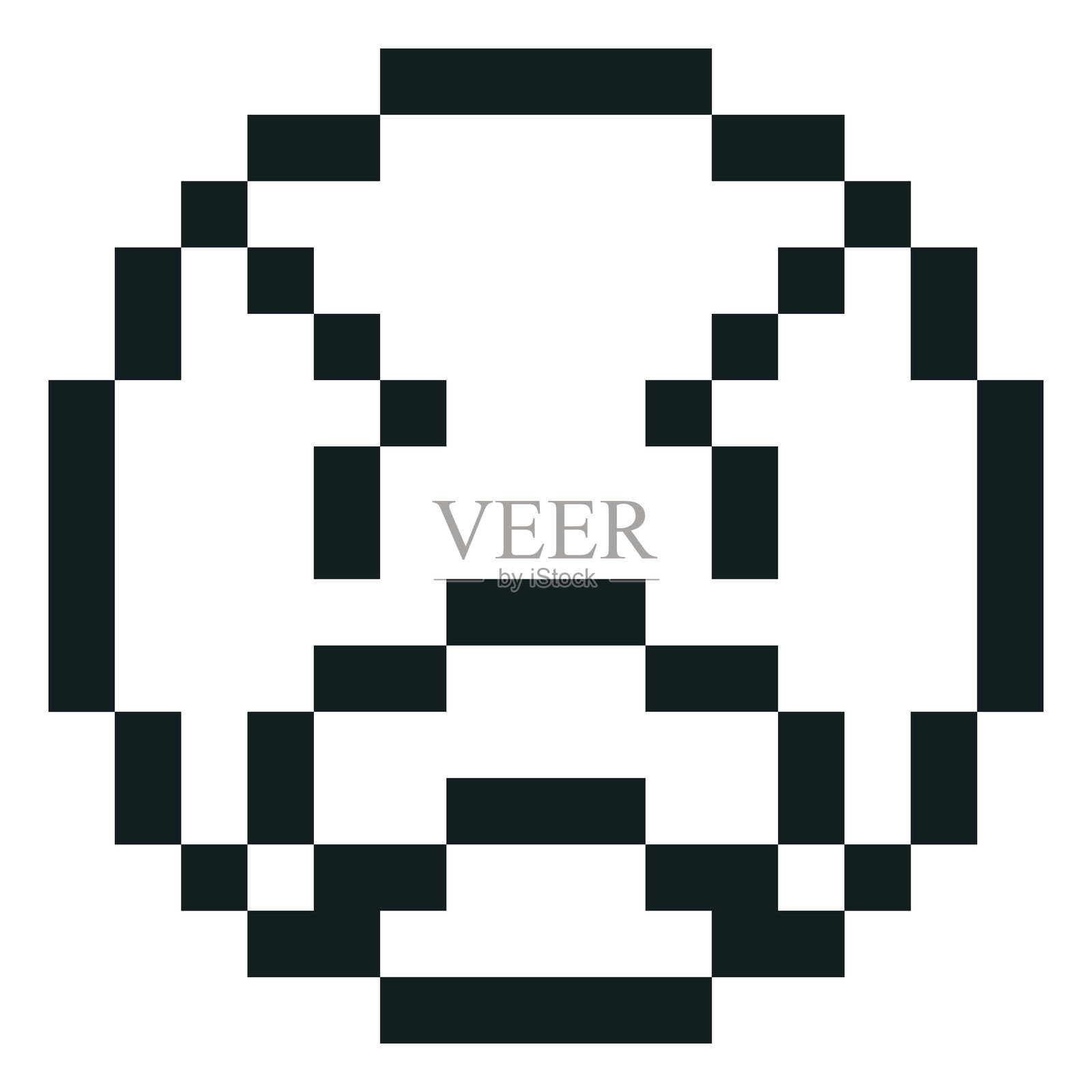 像素风格的黑白圆形表情符号，带有愤怒的表情、方形的眼睛和嘴巴。插画图片素材