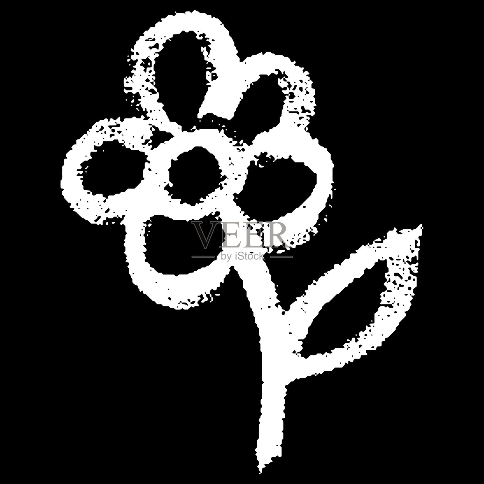 黑色背景上的洋甘菊花白色粉笔手绘，带叶子的儿童蜡笔艺术涂鸦雏菊花插画图片素材