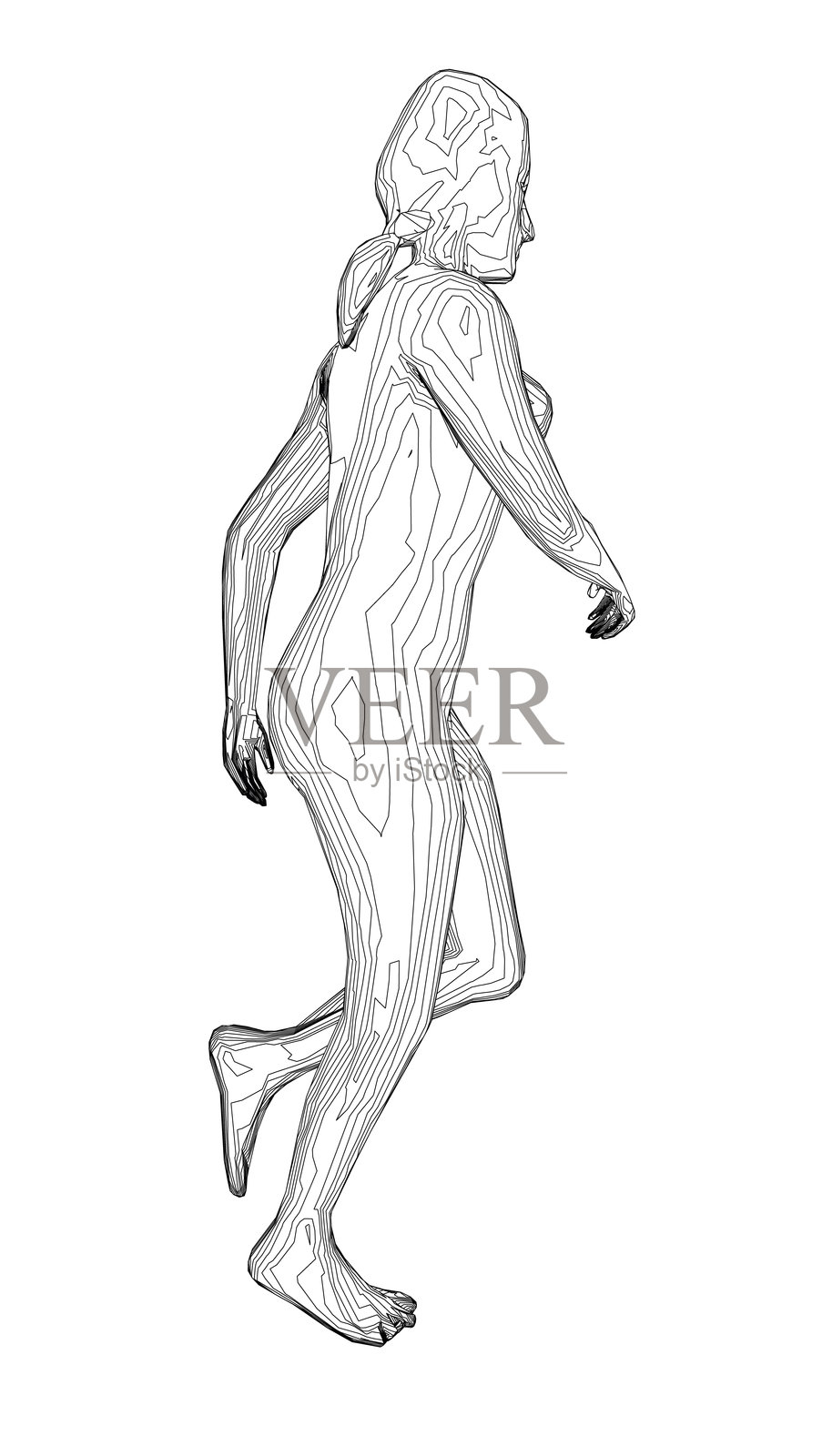 一位女性在动态运动中奔跑，简约轮廓素描，背景干净的白色，健身与积极生活方式的概念。插画图片素材