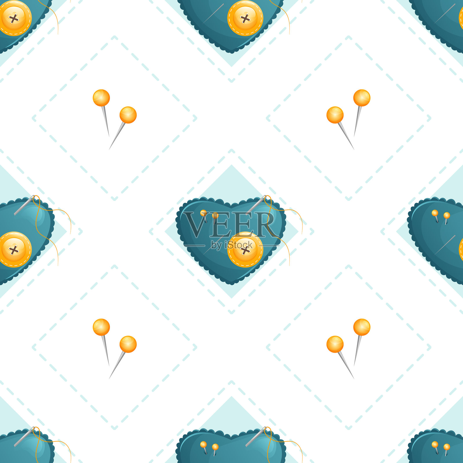 无缝菱形图案，带有纽扣和缝纫安全别针。几何矢量缝纫纹理插画图片素材