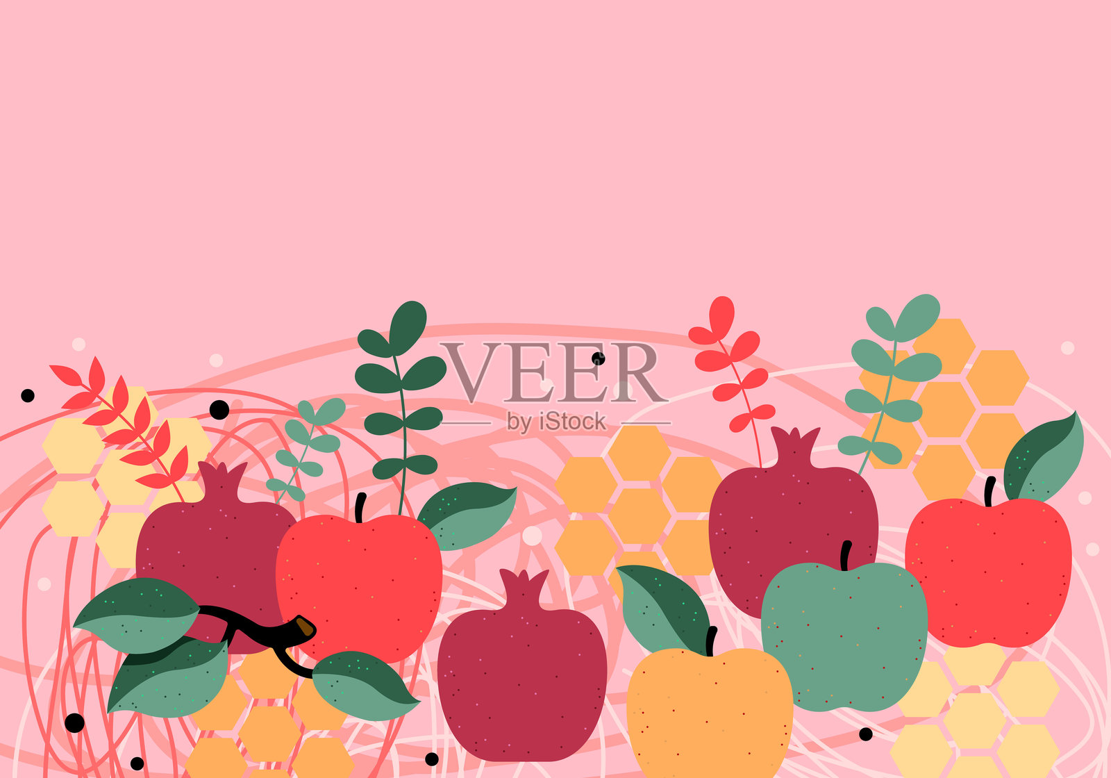 犹太新年，罗什哈沙那贺卡。带有苹果、石榴和蜂蜜的矢量插图。节日横幅插画图片素材