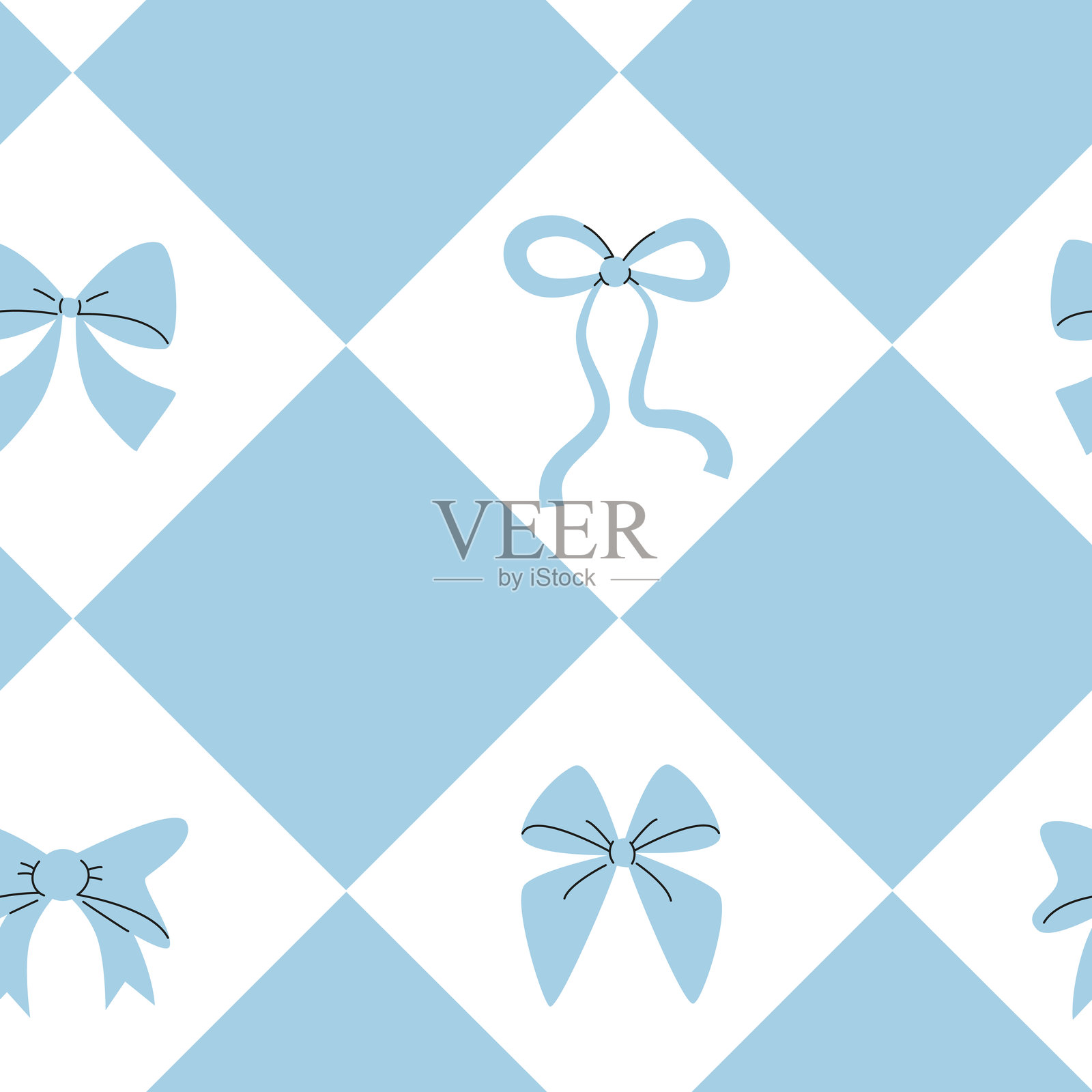 带蝴蝶结的钻石图案。蓝白色无缝图案。单色装饰。插画图片素材