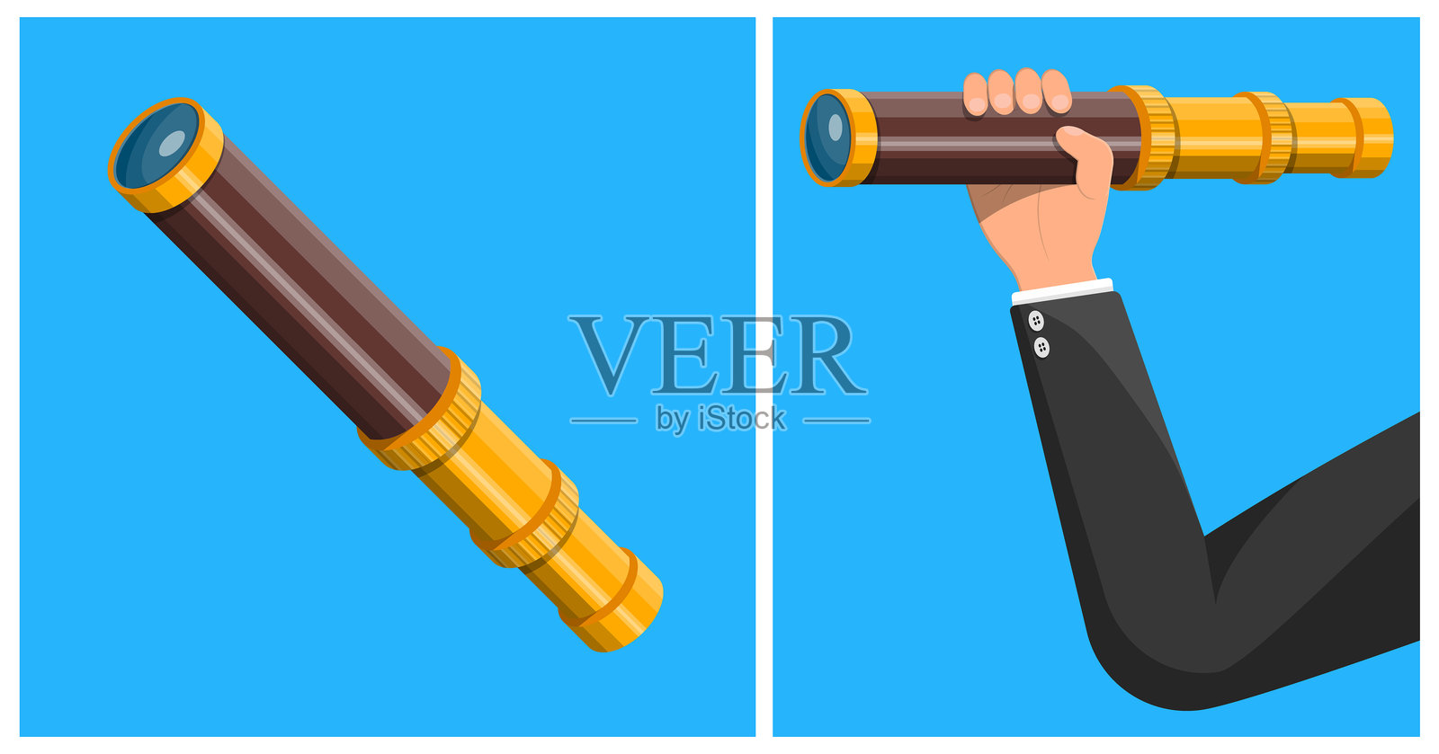 一个男人的手握着望远镜或天文望远镜插画图片素材