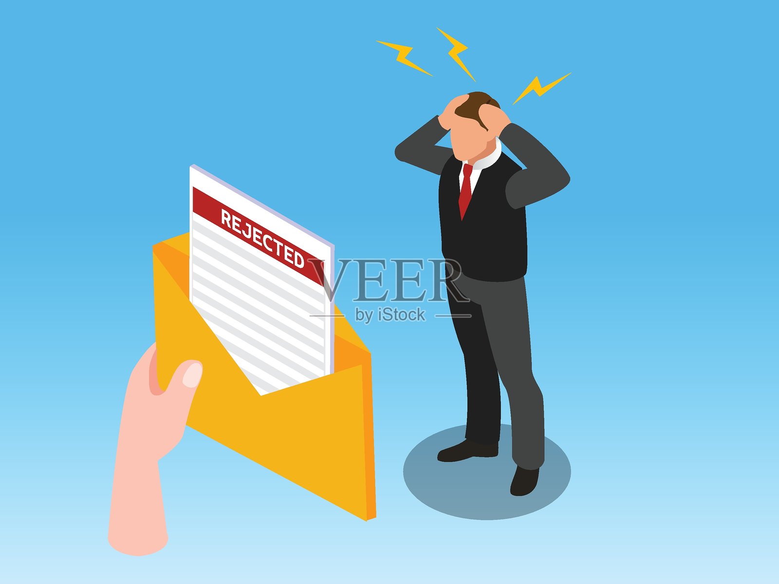 压力重重的商人收到被拒绝的文件，商业失败，工作拒绝和失业。3D矢量插图插画图片素材