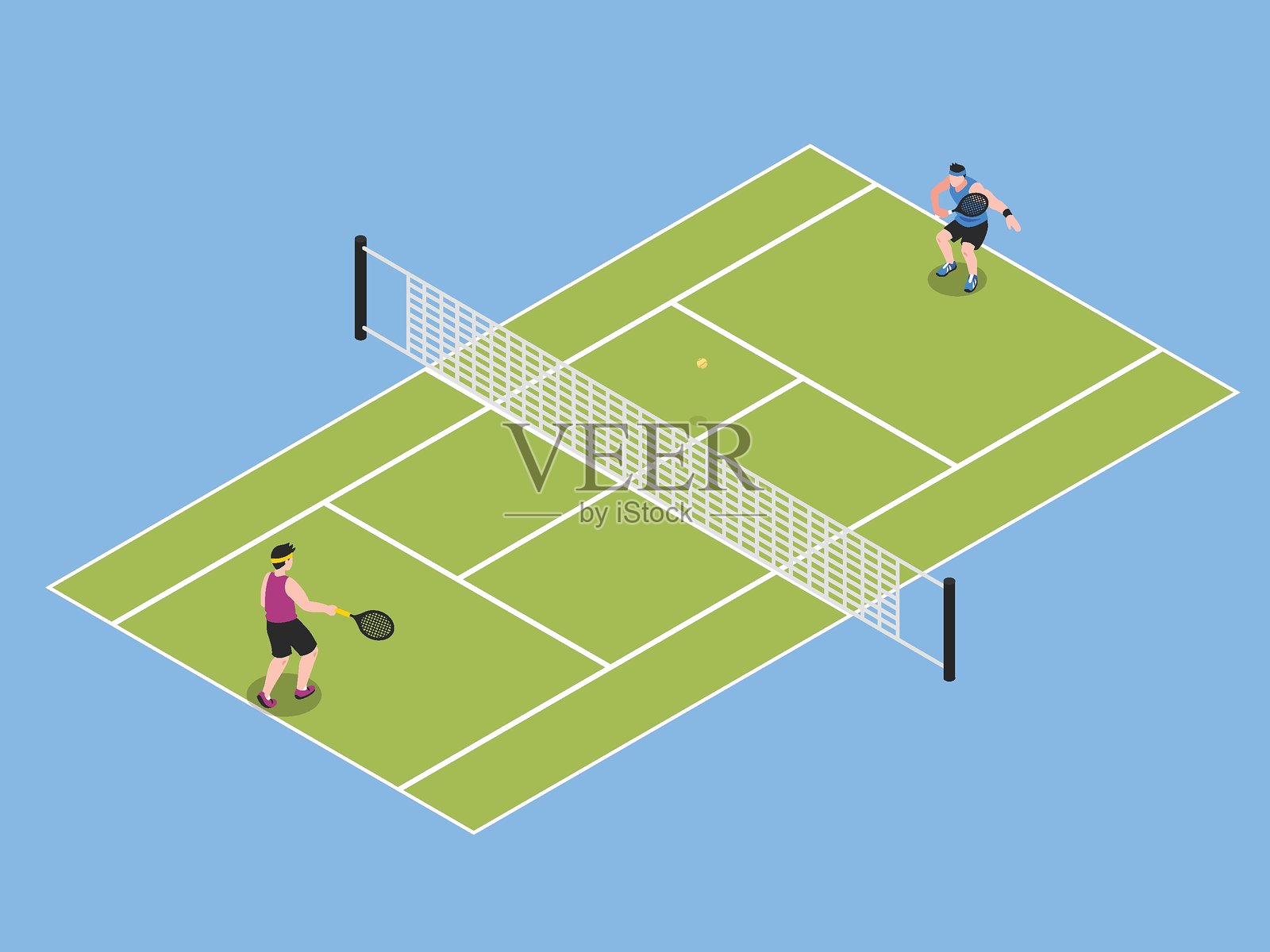 两名男性和一名女性在网球场上打网球，户外运动，竞争与积极的生活方式。3D矢量插图插画图片素材