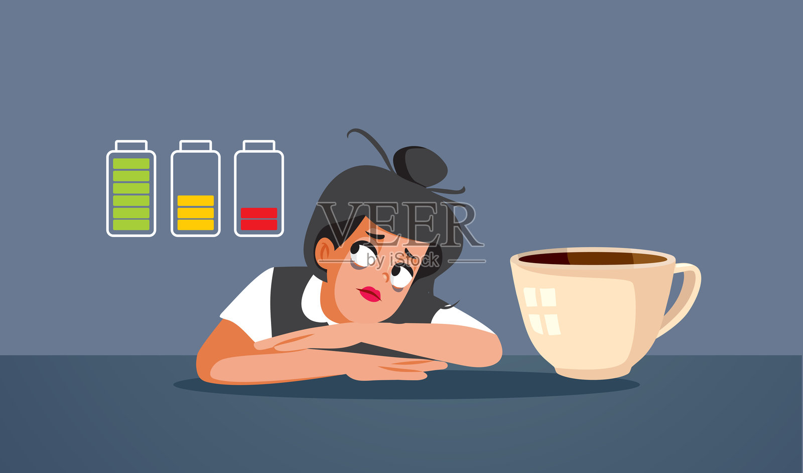 缺乏精力的女性喝着巨大的咖啡矢量卡通图插画图片素材