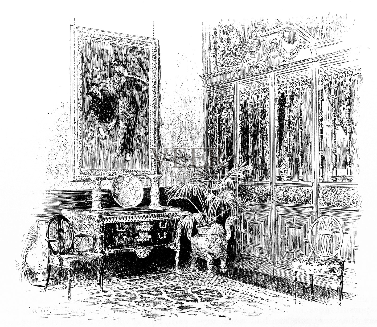 伦敦的一处优雅住宅，墙上挂着艺术画作，伯恩-琼斯的《梅林与维维安》。插画图片素材