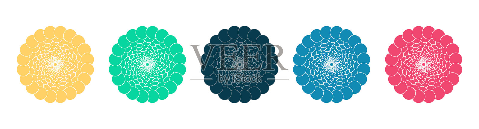 大胆色彩的抽象斐波那契螺旋图案，圆形形状包括黄色、绿色、深蓝色、蓝色和粉色，适用于背景、演示文稿和现代图形项目。插画图片素材