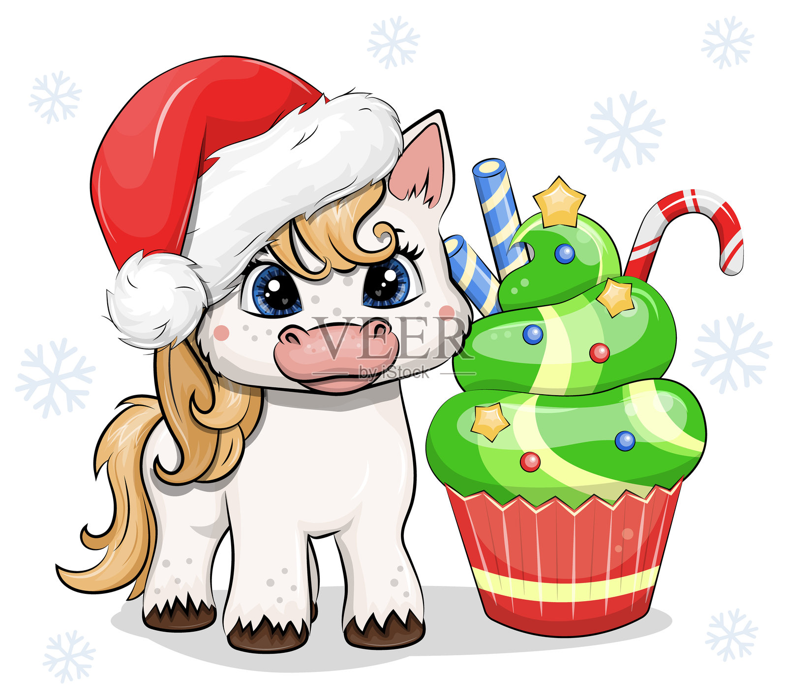 可爱的卡通白马与圣诞树杯子蛋糕。插画图片素材