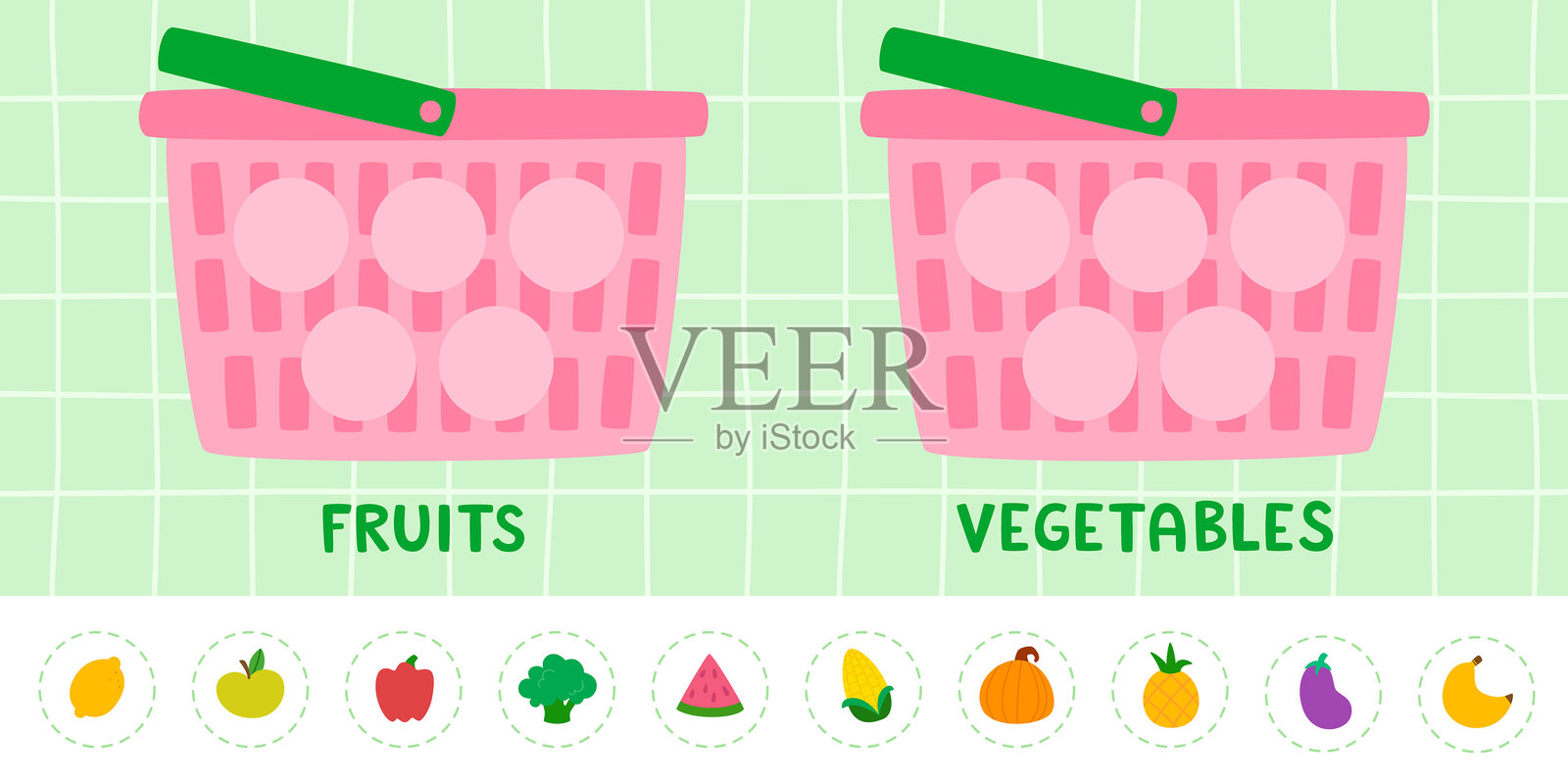 儿童水果和蔬菜配对游戏。可爱的食物卡通市场游戏。插画图片素材