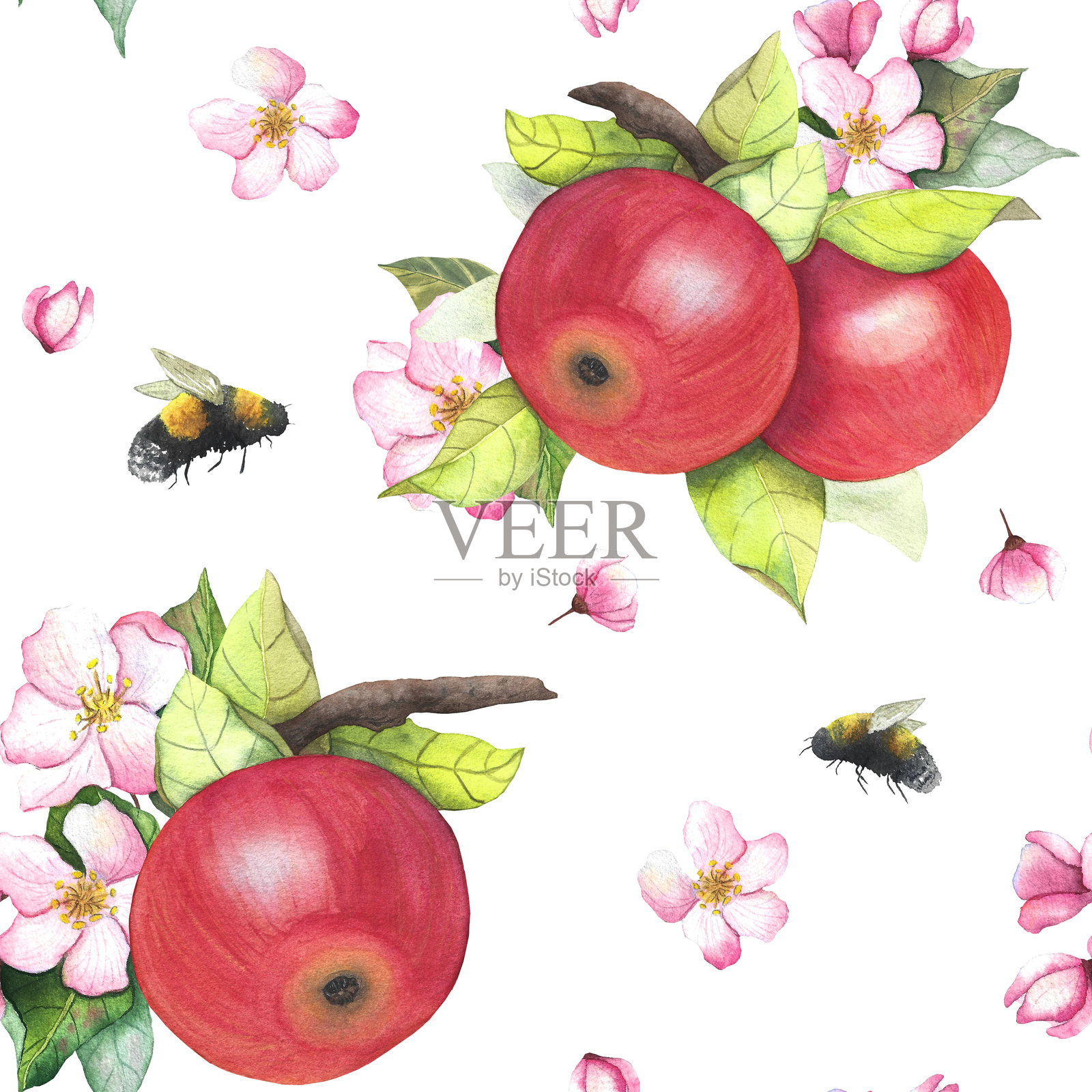 树枝上的苹果、花朵和大黄蜂，无缝水彩图案，插图插画图片素材