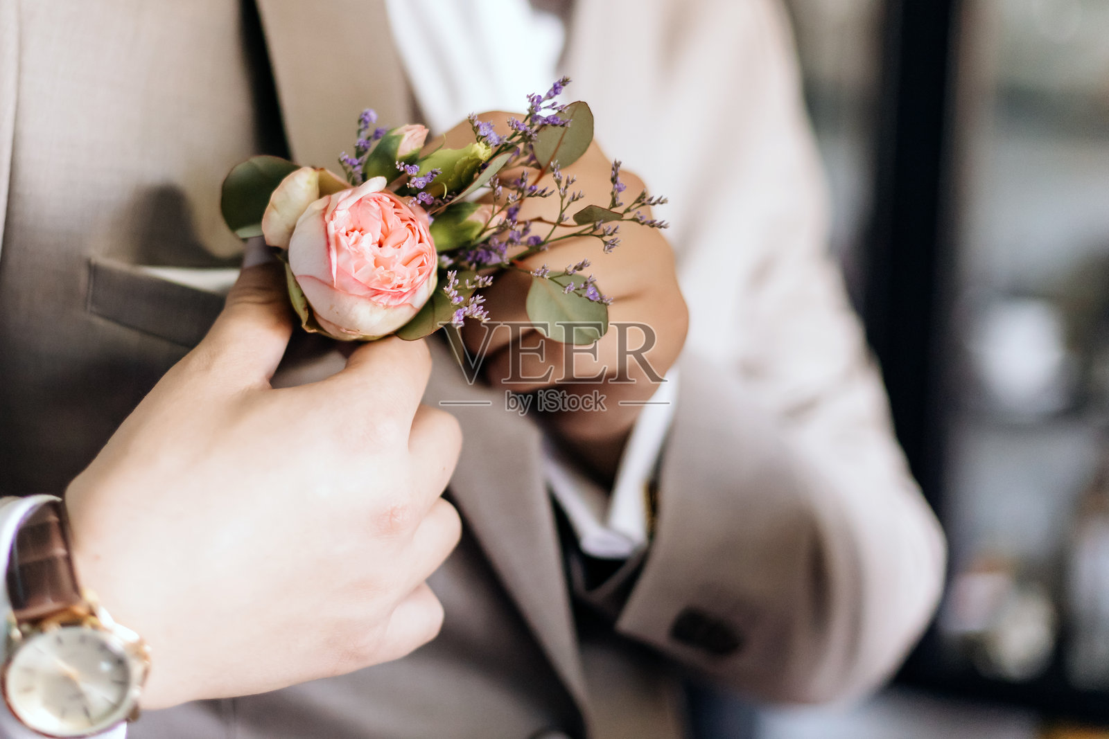 新郎的胸花在婚礼准备仪式上别在西装外套上的特写，优雅的花卉细节，白色花朵。照片摄影图片