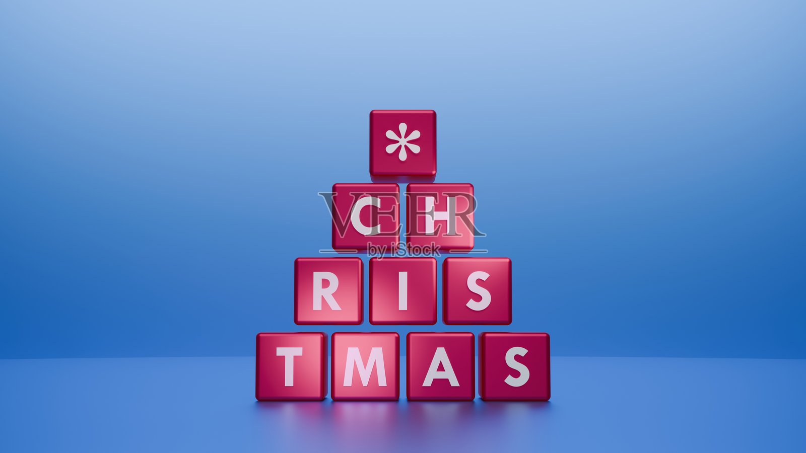 粉色圣诞立方体与白色字母排列成金字塔树，背景为蓝色渐变，适合冬季节庆庆祝活动照片摄影图片