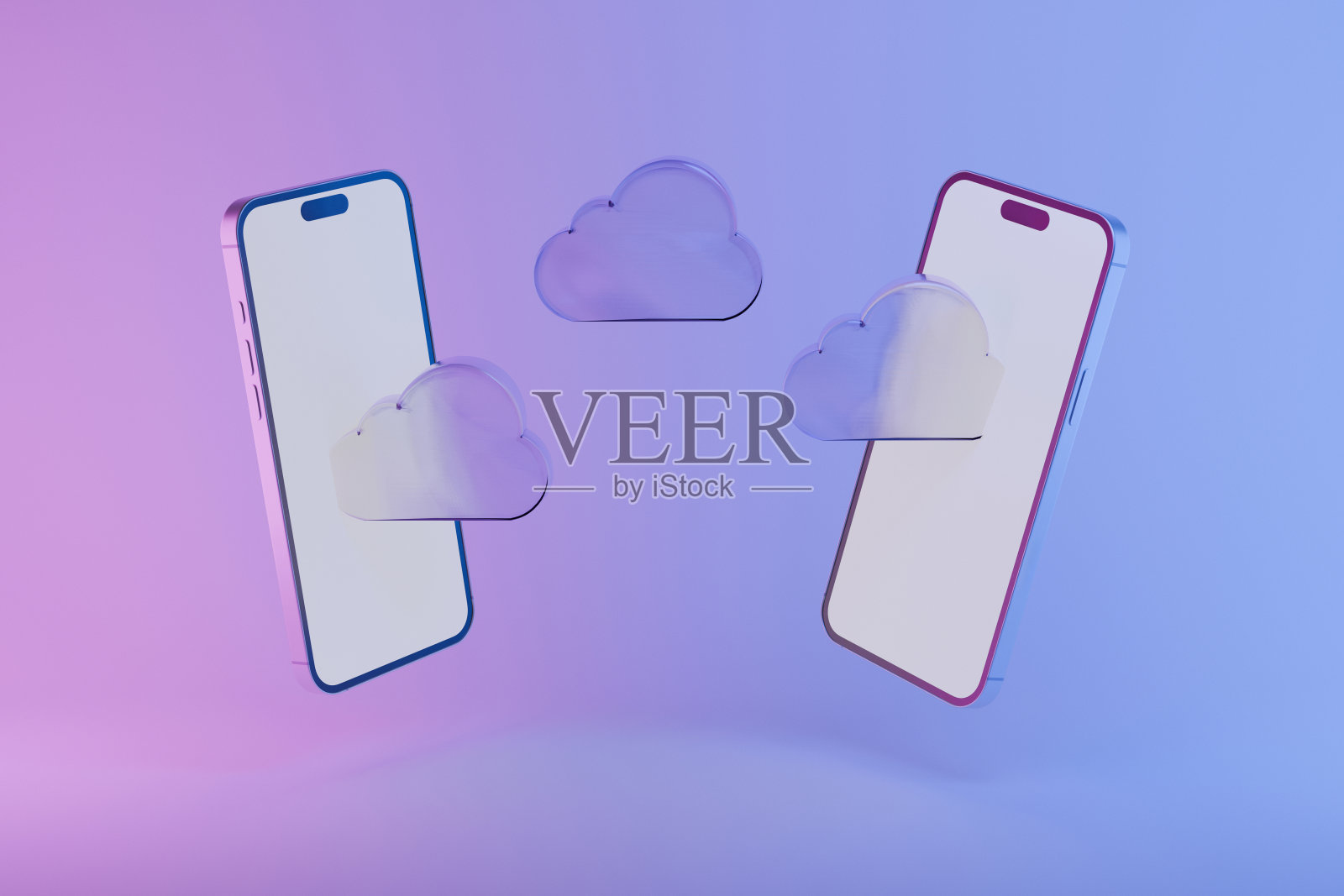 两部现代智能手机屏幕空白，漂浮的云图标象征着云存储、在线数据传输、同步和数字技术，背景为渐变色。云服务照片摄影图片