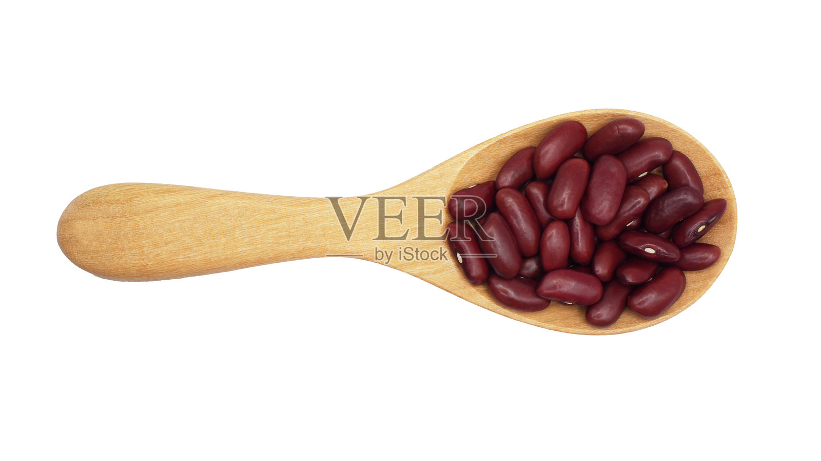 白色背景上，木勺中盛放着红腰豆的俯视图。非常适合素食蛋白的概念。照片摄影图片