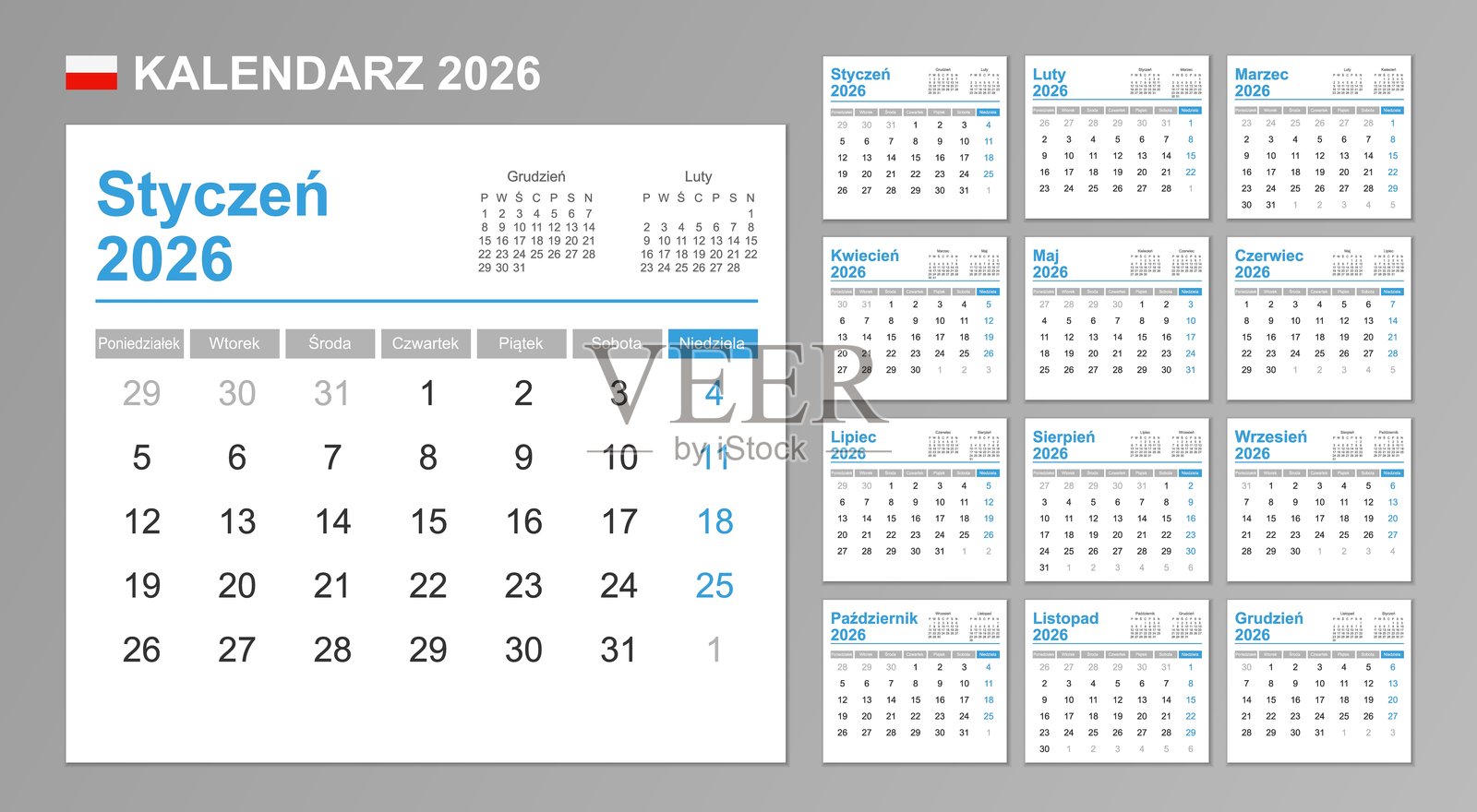 2026年波兰日历。周一开始。简单的矢量模板。商务设计计划表。插画图片素材