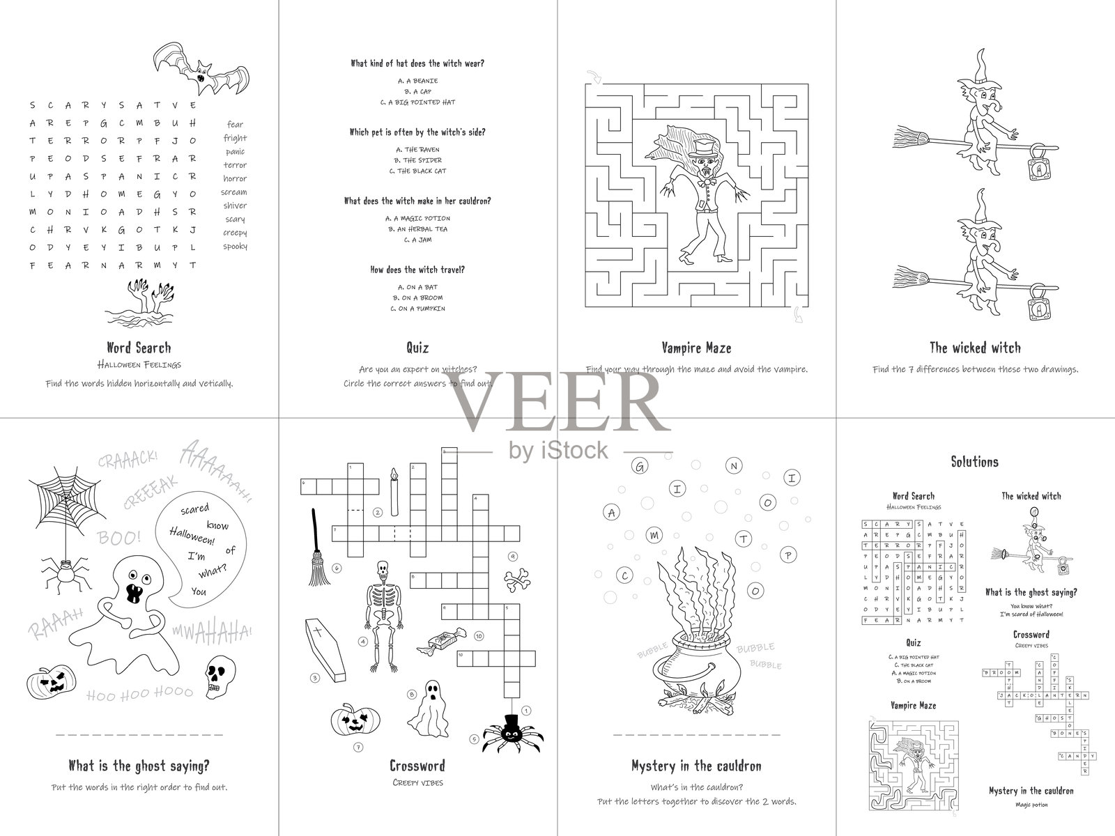 七款游戏合集。万圣节。英语语言。第一套。插画图片素材