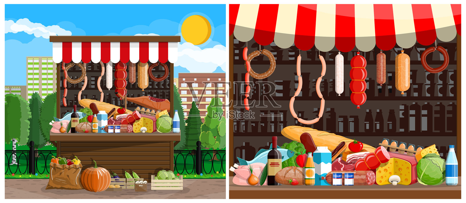 街头摊位出售新鲜食品和杂货插画图片素材