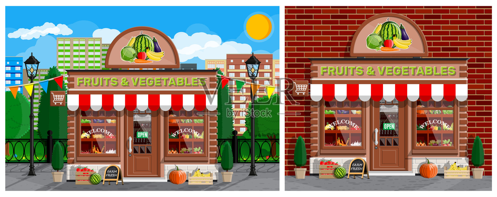 两个水果和蔬菜商店的店面插画图片素材