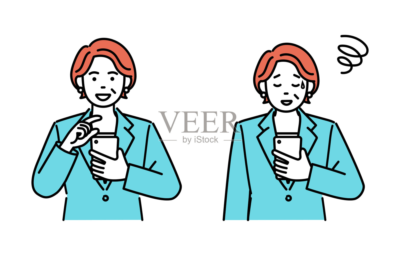 一组简单插图，描绘一位成年女商人在使用智能手机。插画图片素材