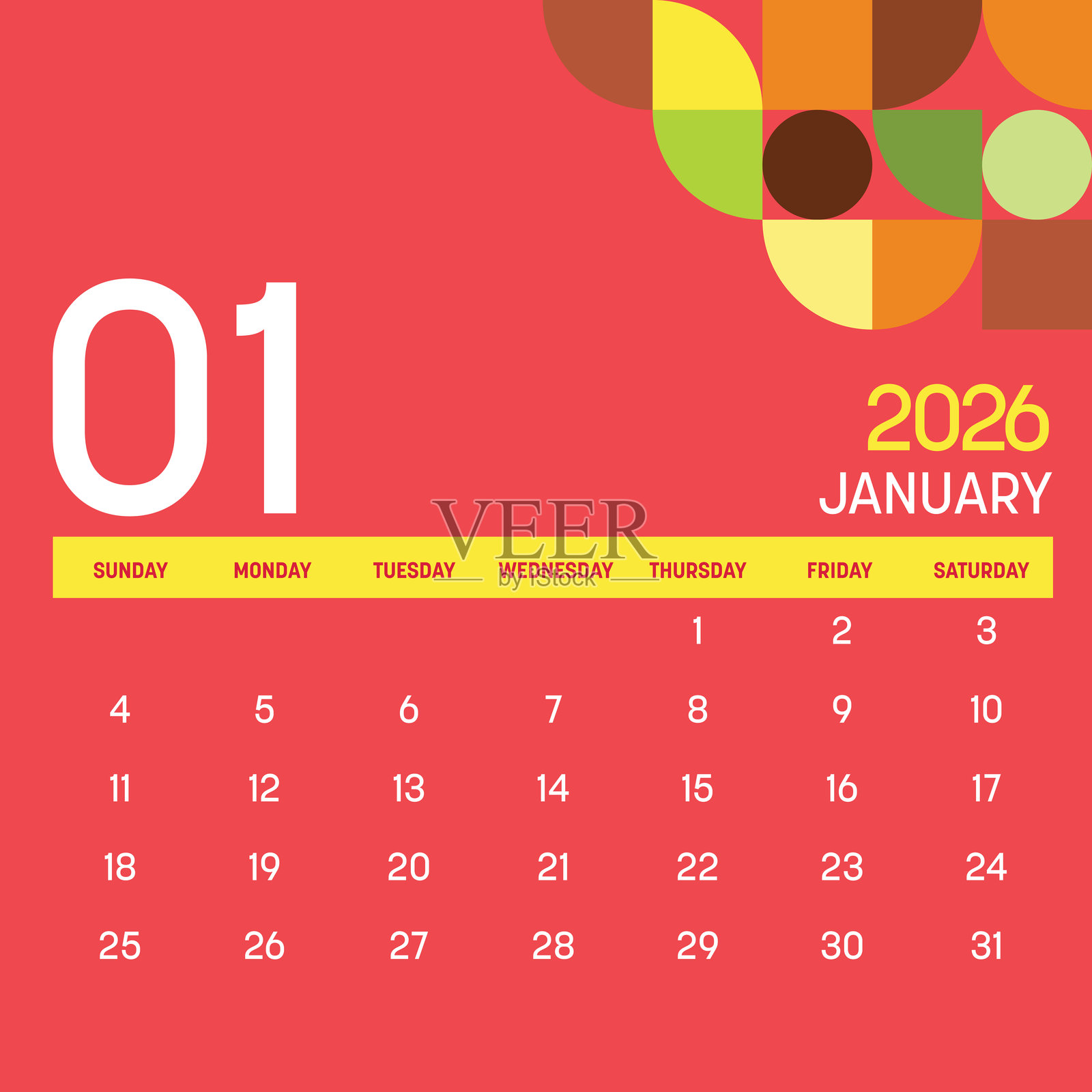 2026年1月日历。2026年日历。2026年计划表，2026年挂历，周日开始的一周。矢量插图。插画图片素材