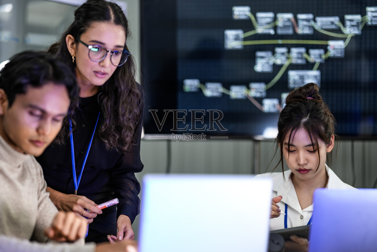 一支多元化的年轻团队在现代办公室中合作进行项目。一位女性领导者在解释一个想法，指着笔记本电脑屏幕，而她的团队在倾听和学习。照片摄影图片