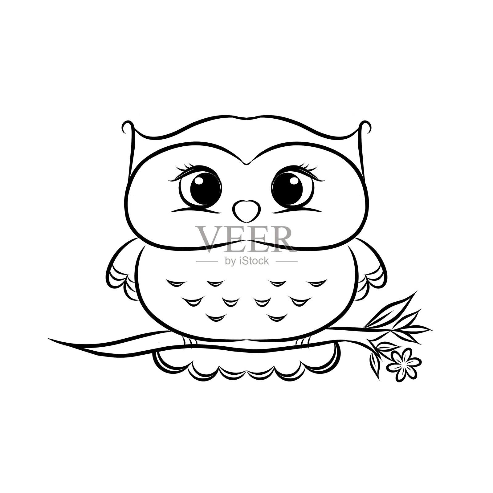 可爱的小猫头鹰坐在树枝上，卡通插图，适合儿童涂色书。插画图片素材
