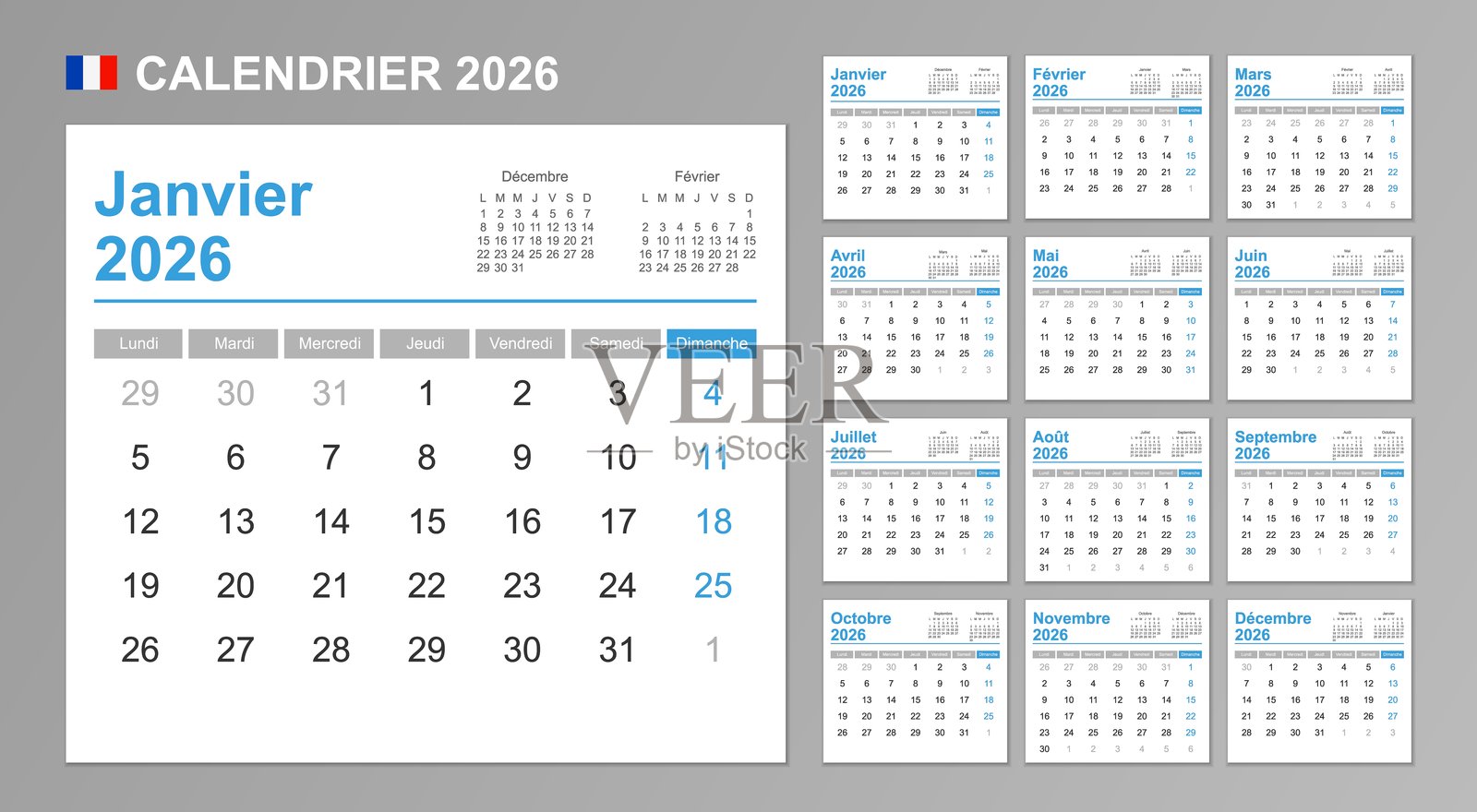 2026年法国日历。周一开始。简单的矢量模板。商务设计规划器。插画图片素材