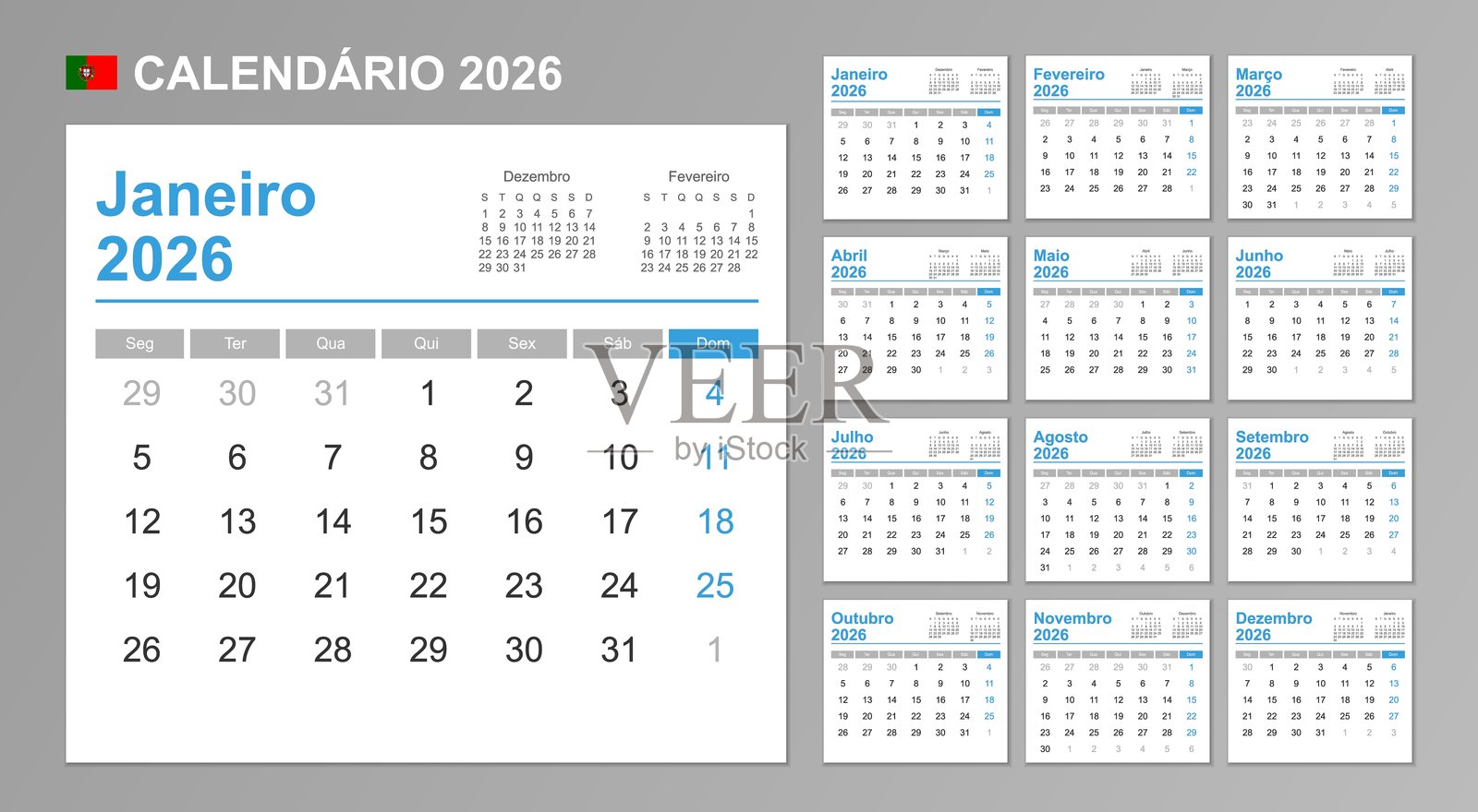 2026年葡萄牙日历。周一开始。简单的矢量模板。商务设计规划器。插画图片素材