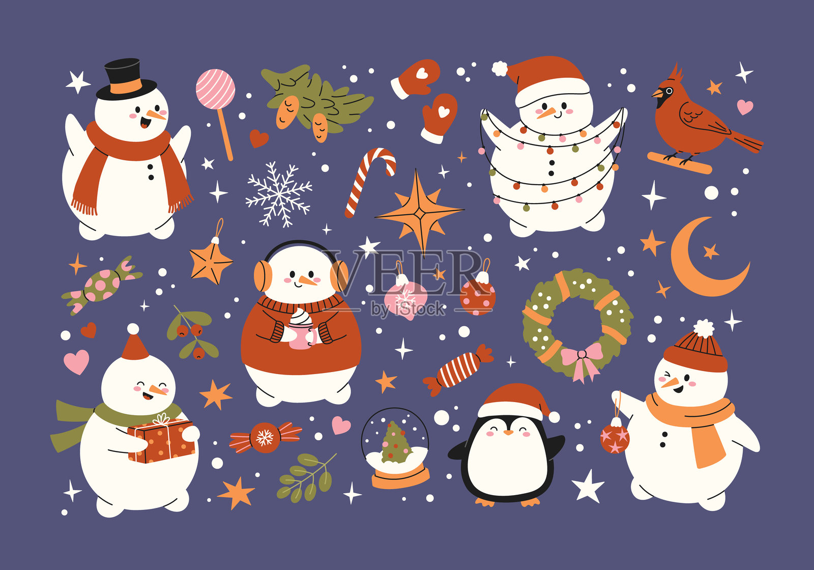 可爱的雪人彩色圣诞节套装插画图片素材